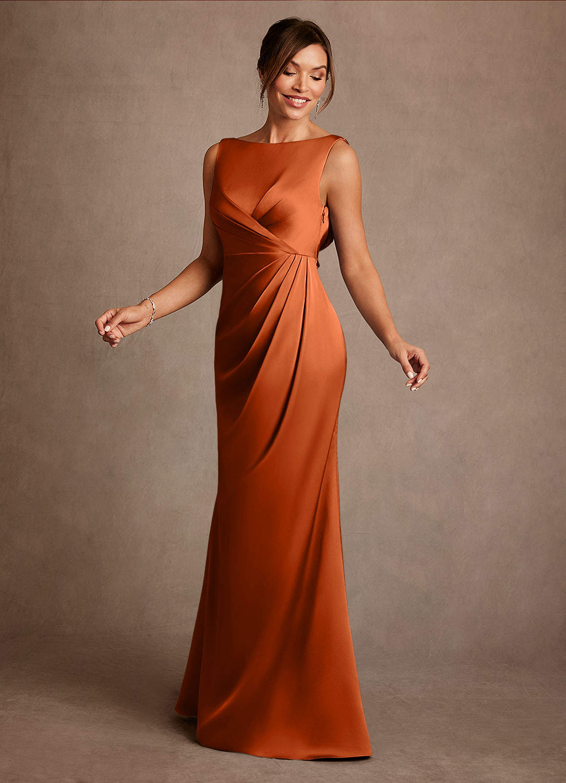 Azazie Baltimore Mother of the Bride Dresses Burnt Orange A-Line Pleated Stretch Satin Dress image2