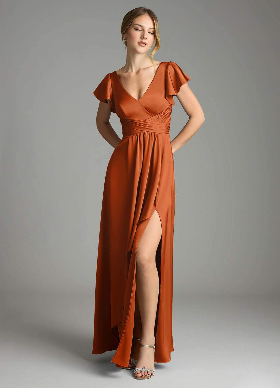 orange satin bridesmaid dress Mermaid Burnt Orange Satin Ruched Bridesmaid Dresses – Lisposa main image 1