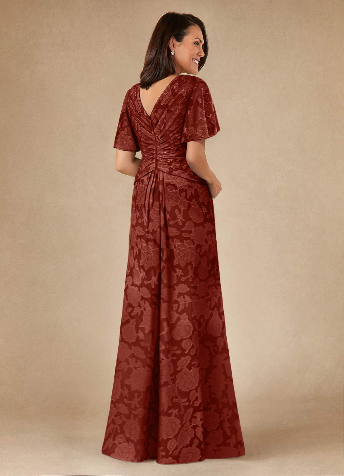 Azazie Emmeline Mother of the Bride Dresses Terracotta A-Line Pleated Floral Burnout Dress image1