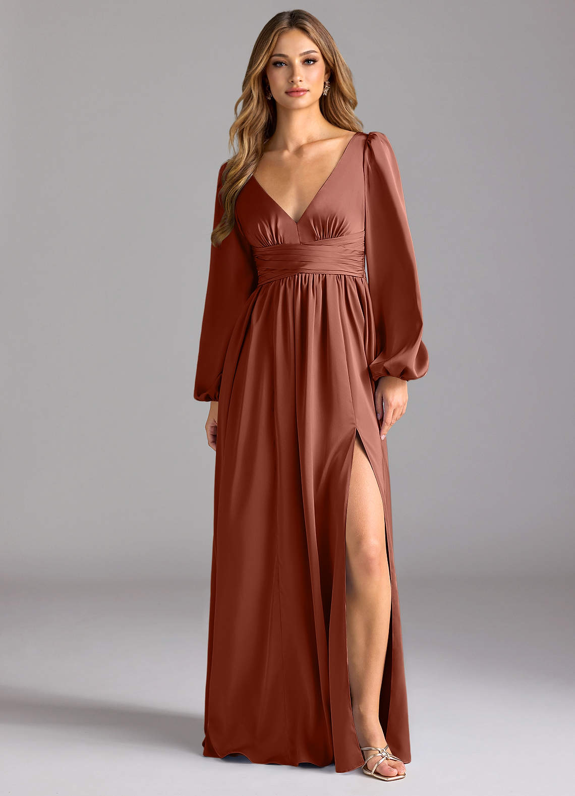 Azazie Norah Brautjungfernkleider A-Linie Stretch-Satin Kleid Rotbraun image1