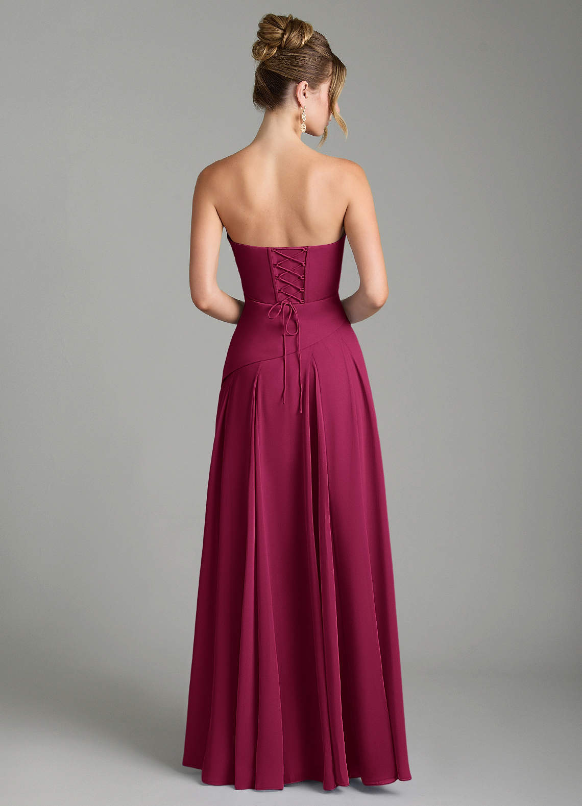 Azazie Gabriela At-home Try On Dresses Burgundy A-Line Corset Chiffon Dress image7