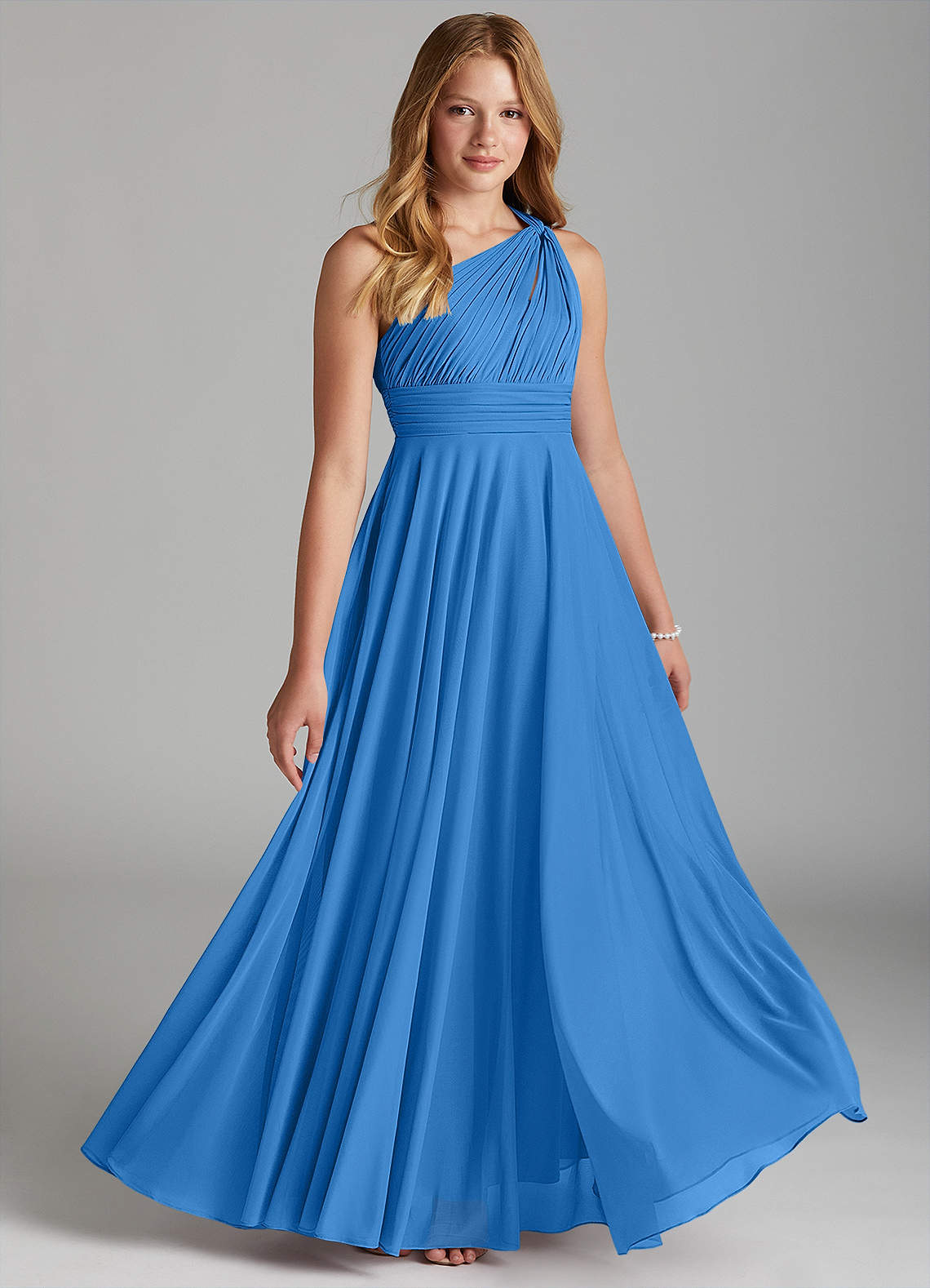Azazie Charlize Junior Blue Jay A-Line Mesh Dress image1