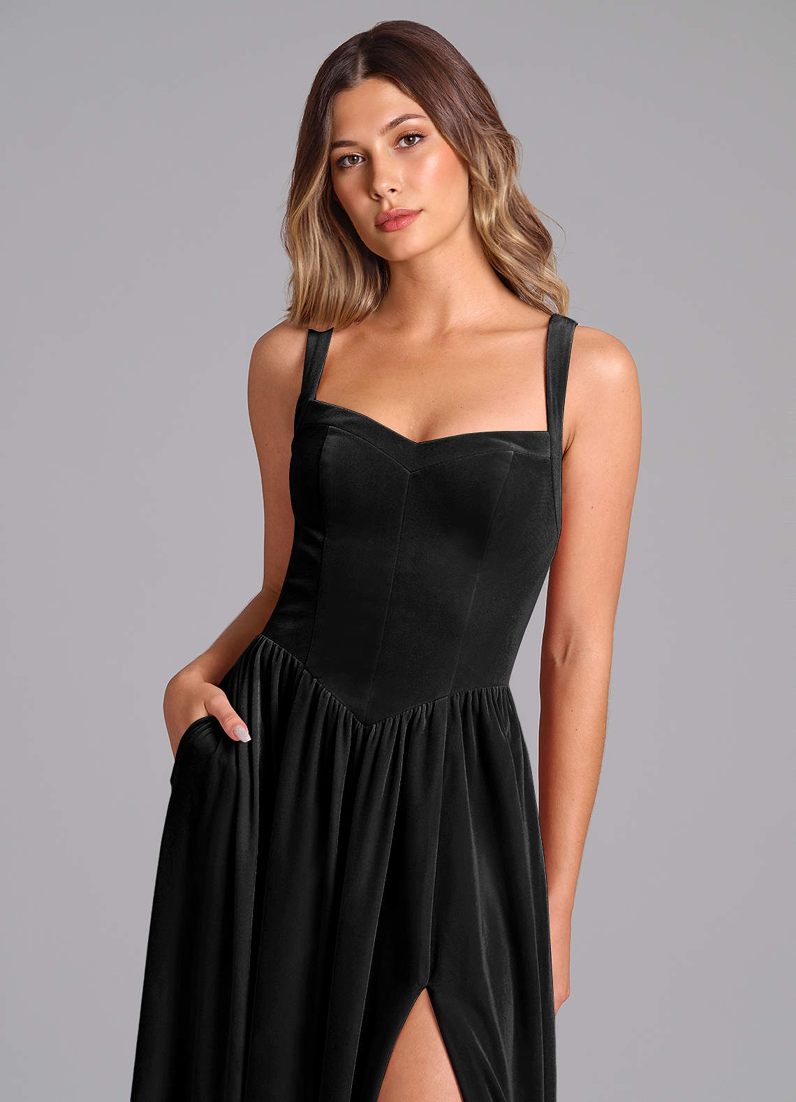 Azazie Francis Vestidos de madrinha de casamento Vestido Preto de Veludo de Linha A com Espartilho image5