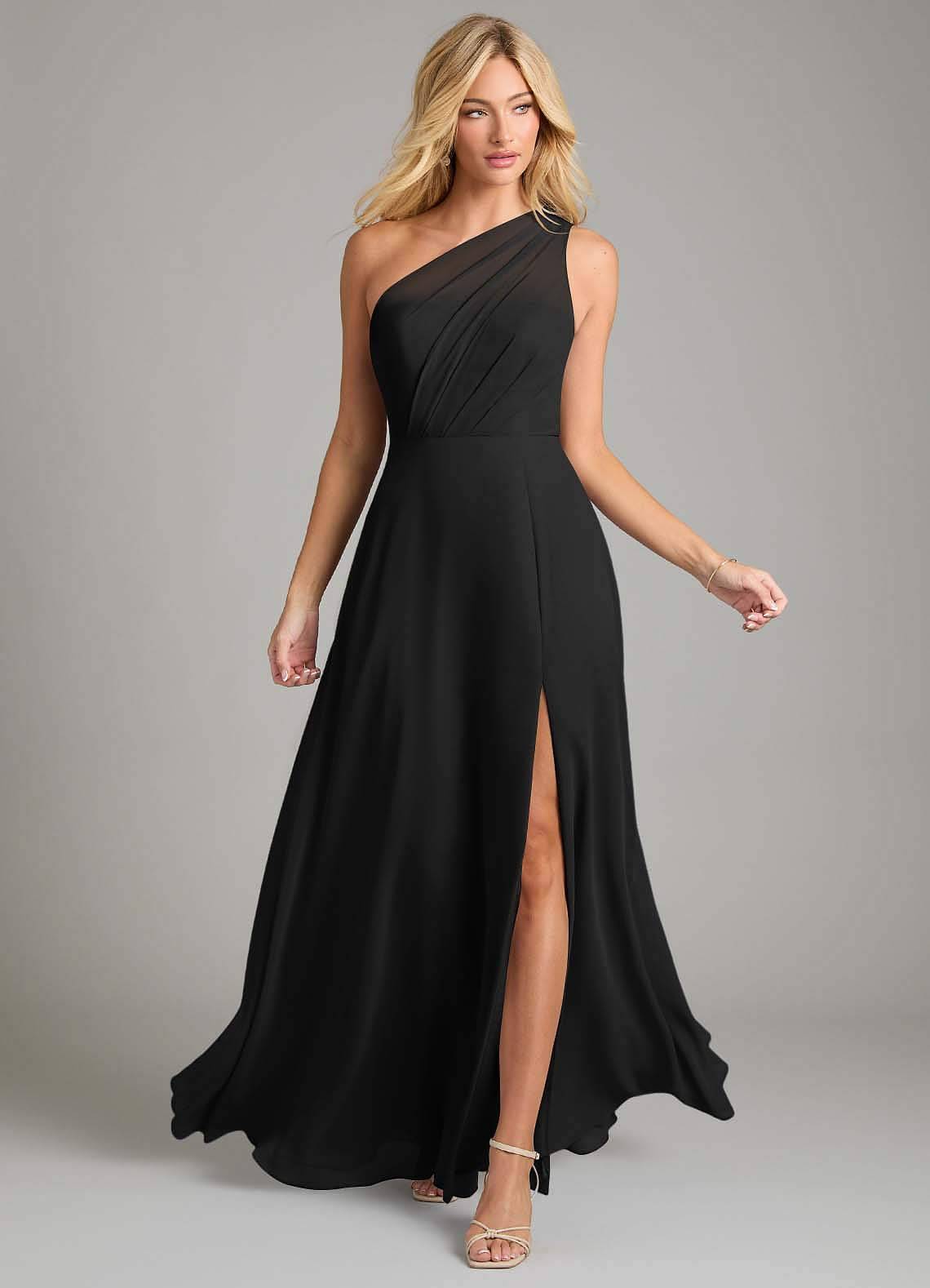 Azazie Phaedra Bridesmaid Dresses Black A-Line One Shoulder Chiffon Dress image11