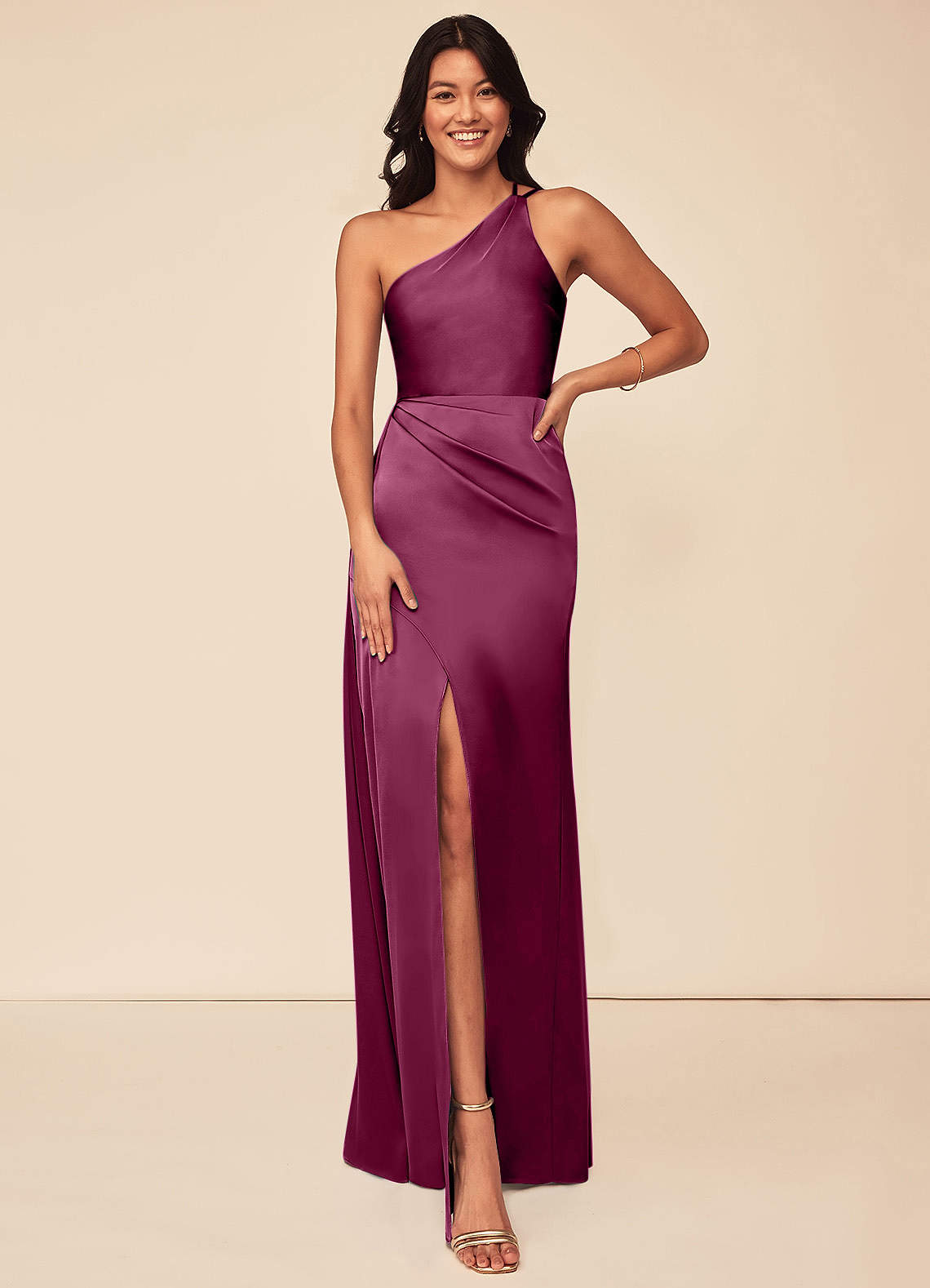 Azazie Maron Bridesmaid Dresses Mulberry A-Line One Shoulder Stretch Satin Dress image1