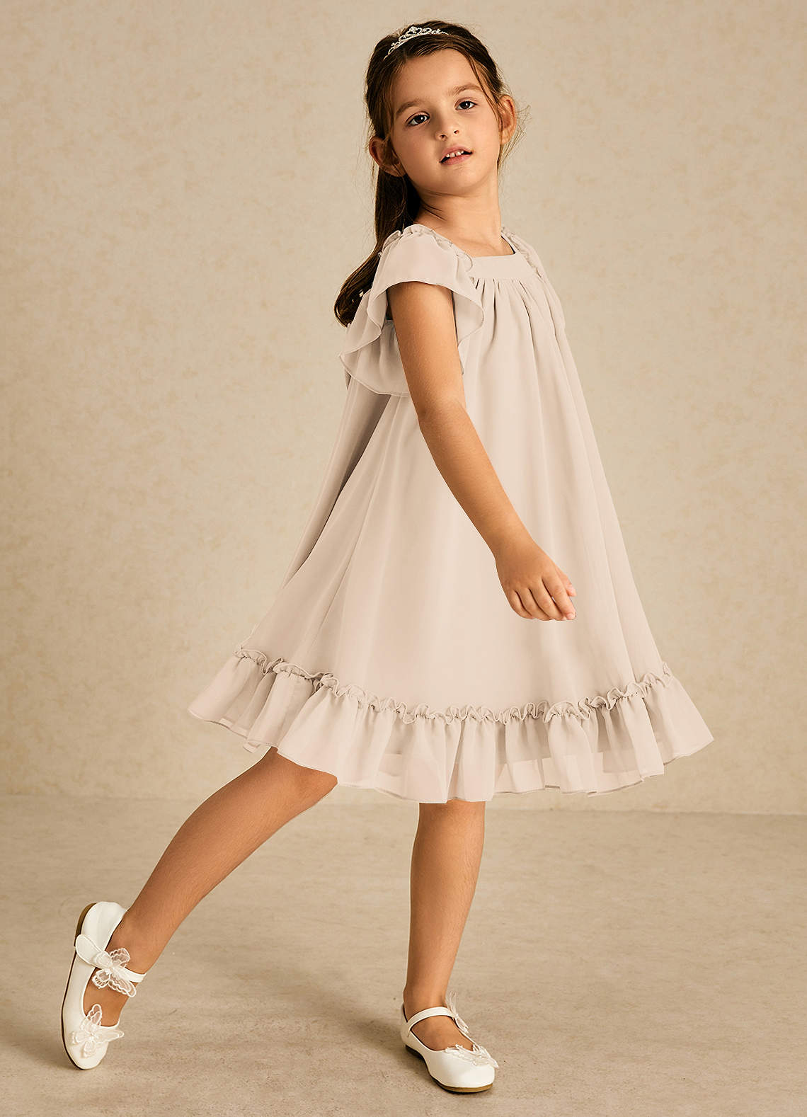 Azazie Tot Flower Girl Dresses White Alabaster A-Line with Sleeves Chiffon Dress image1
