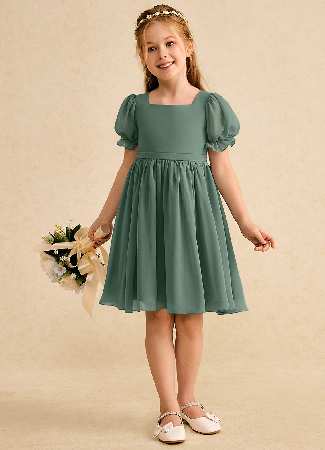 Azazie Jolie Blumenmädchenkleider A-Linie mit ärmel Chiffon Kleid Eukalyptus image3