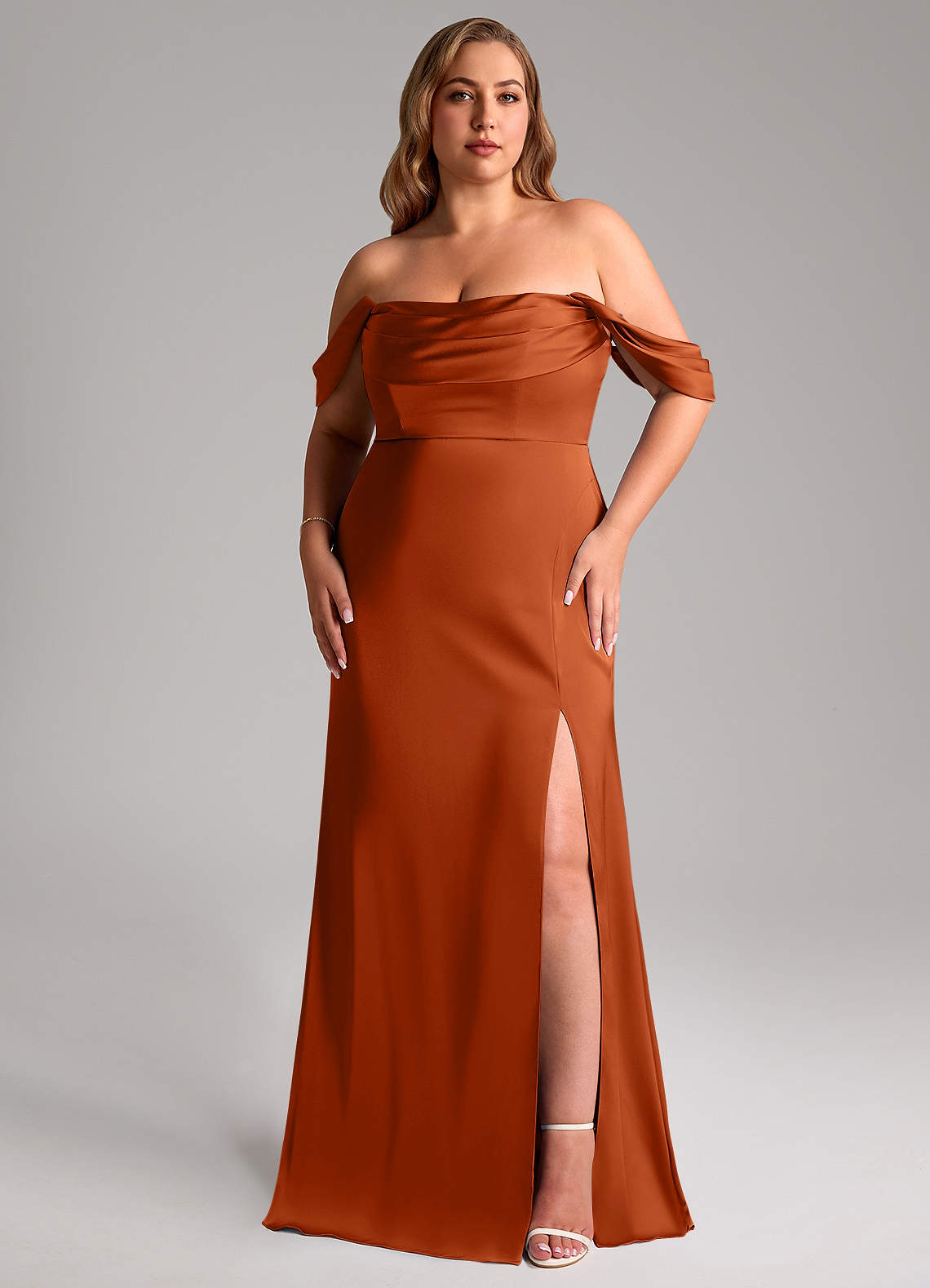 Azazie Saige Bridesmaid Dresses Burnt Orange Sheath Off the Shoulder Stretch Satin Dress image10