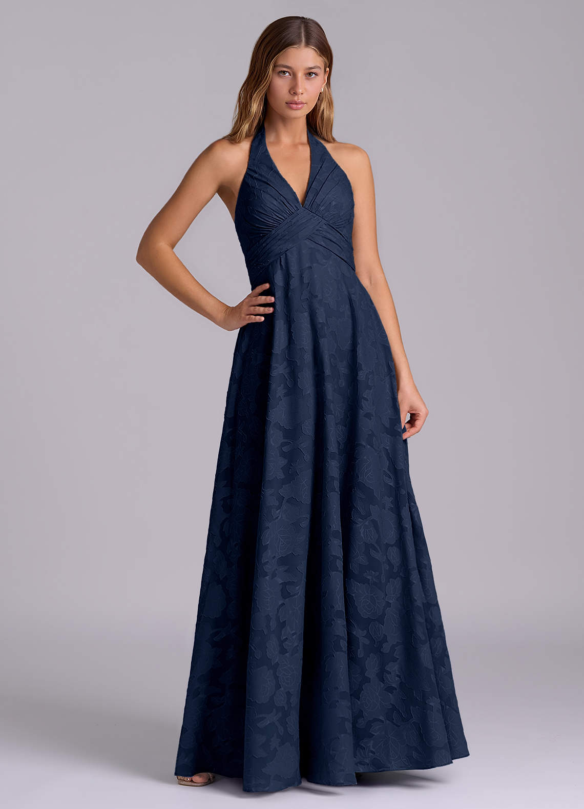 Azazie Tessie Brudtärnklänningar Klä av A-Linje i Blommig Utbrändhet Plisserad Mörk Marinblå image1