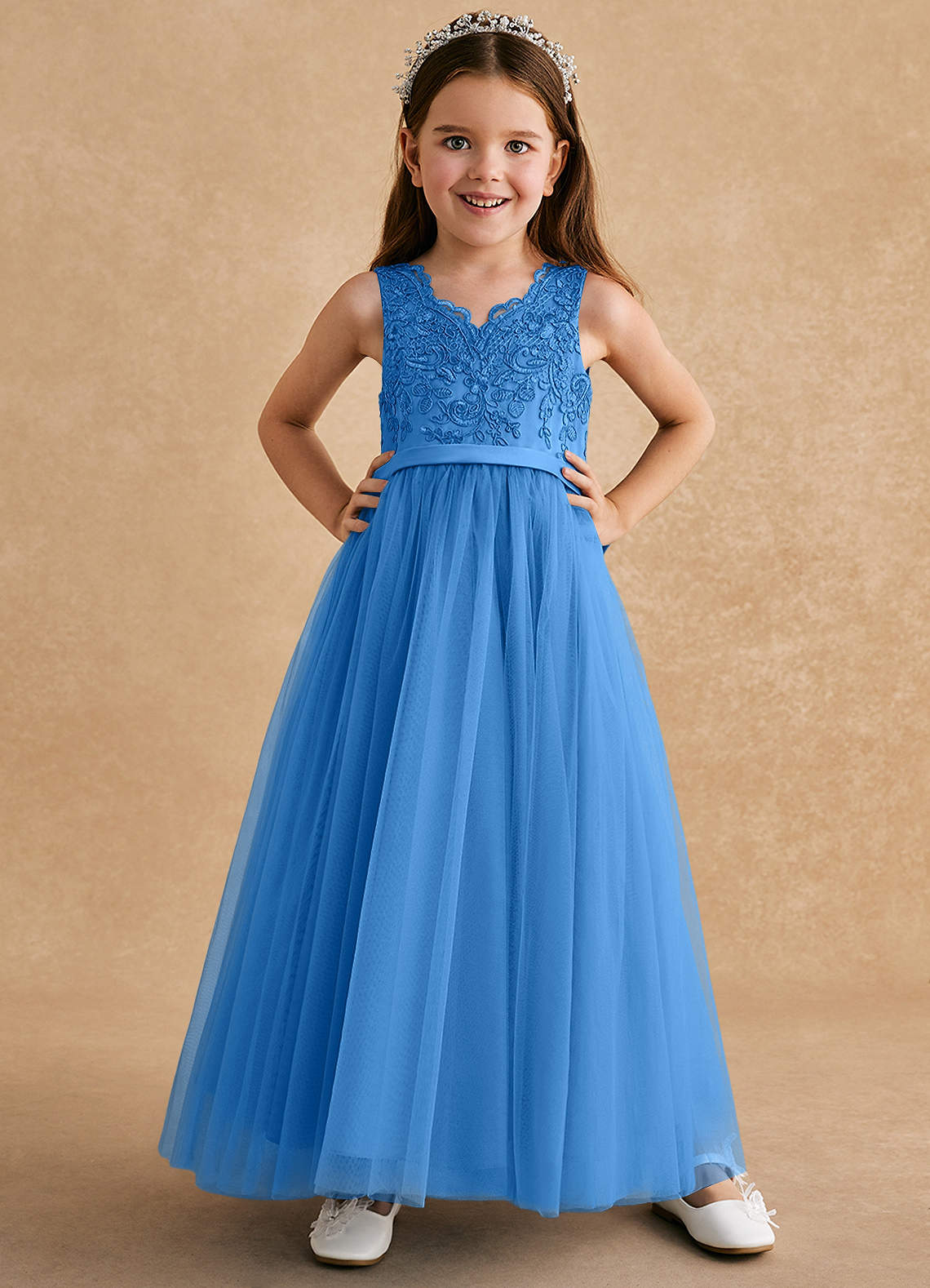 Azazie Cinna Flower Girl Dresses Blue Jay A-Line Lace Tulle Dress image1