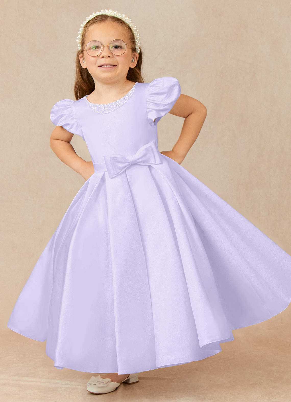 Azazie Jewel Flower Girl Dresses Lilac Ball-Gown Pleated Matte Satin Dress image1