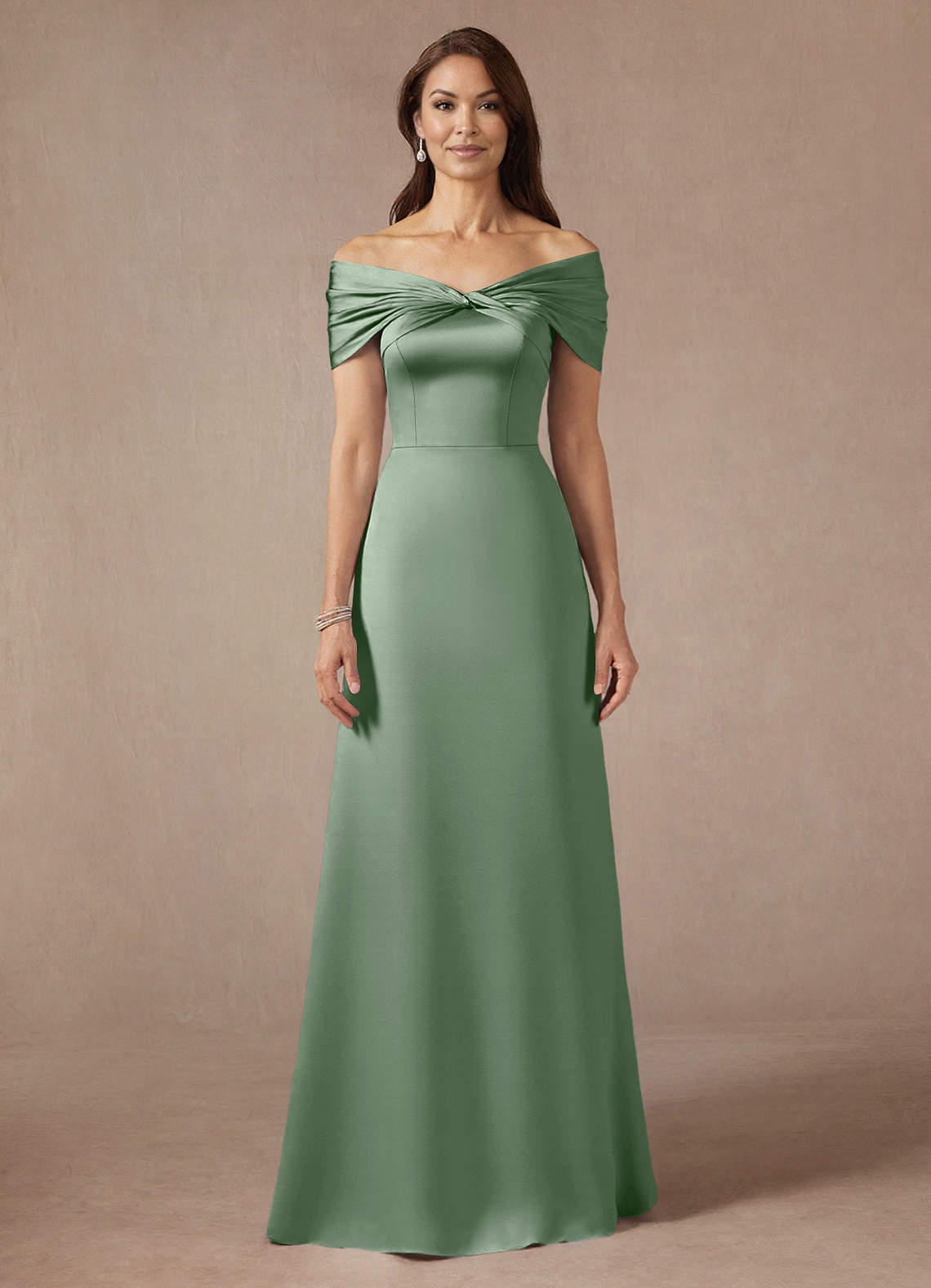 Azazie Amelia Mother of the Bride Dresses Matcha A-Line Off the Shoulder Stretch Satin Dress image2