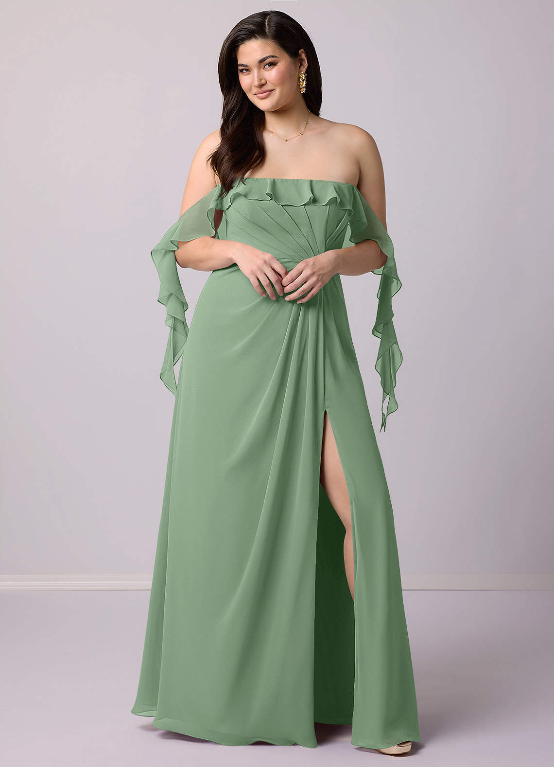 Barbie ♥ Azazie Bridesmaid Dresses Matcha A-Line Off the Shoulder Chiffon Convertible Dress image9
