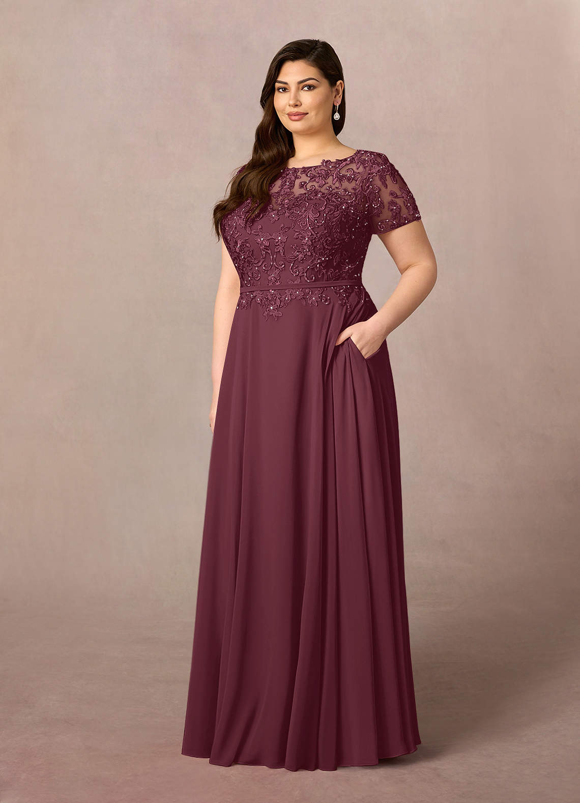 Azazie Adina vestidos de madre de la novia Vestido de Cabernet de Gasa de Corte En A con Cuello barco Lentejuelas image6