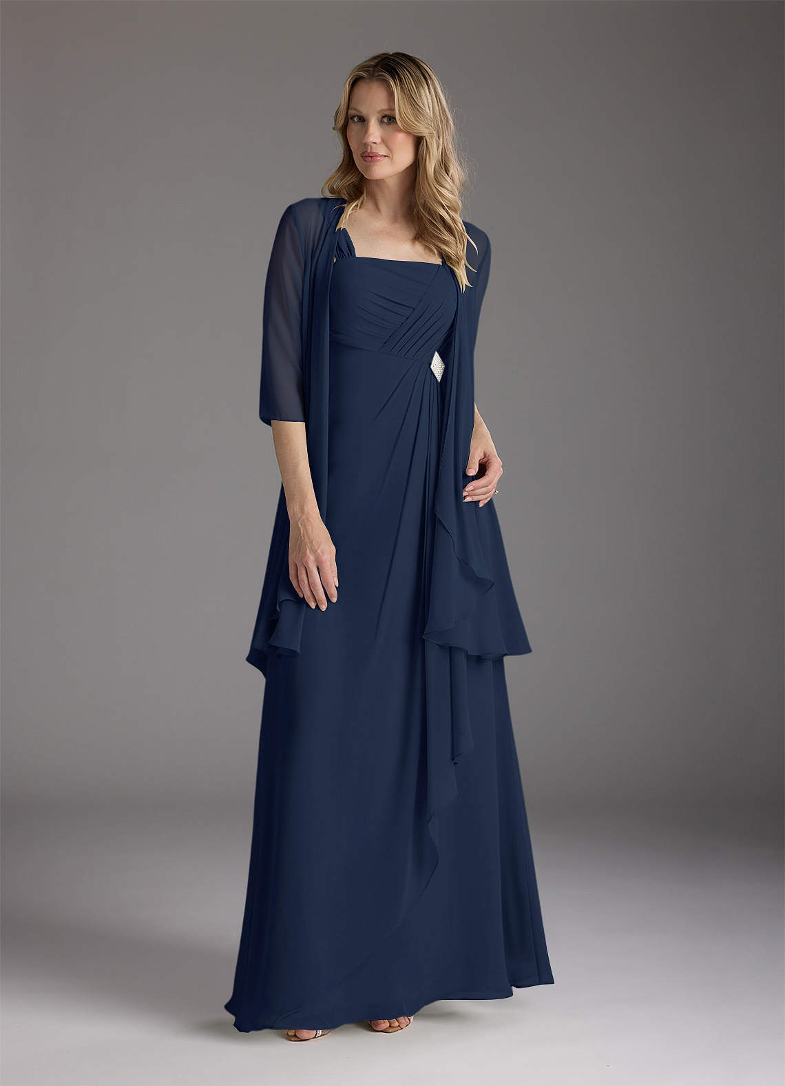 Azazie Weisz Dark Navy A-Line Square Neckline Pleated Chiffon