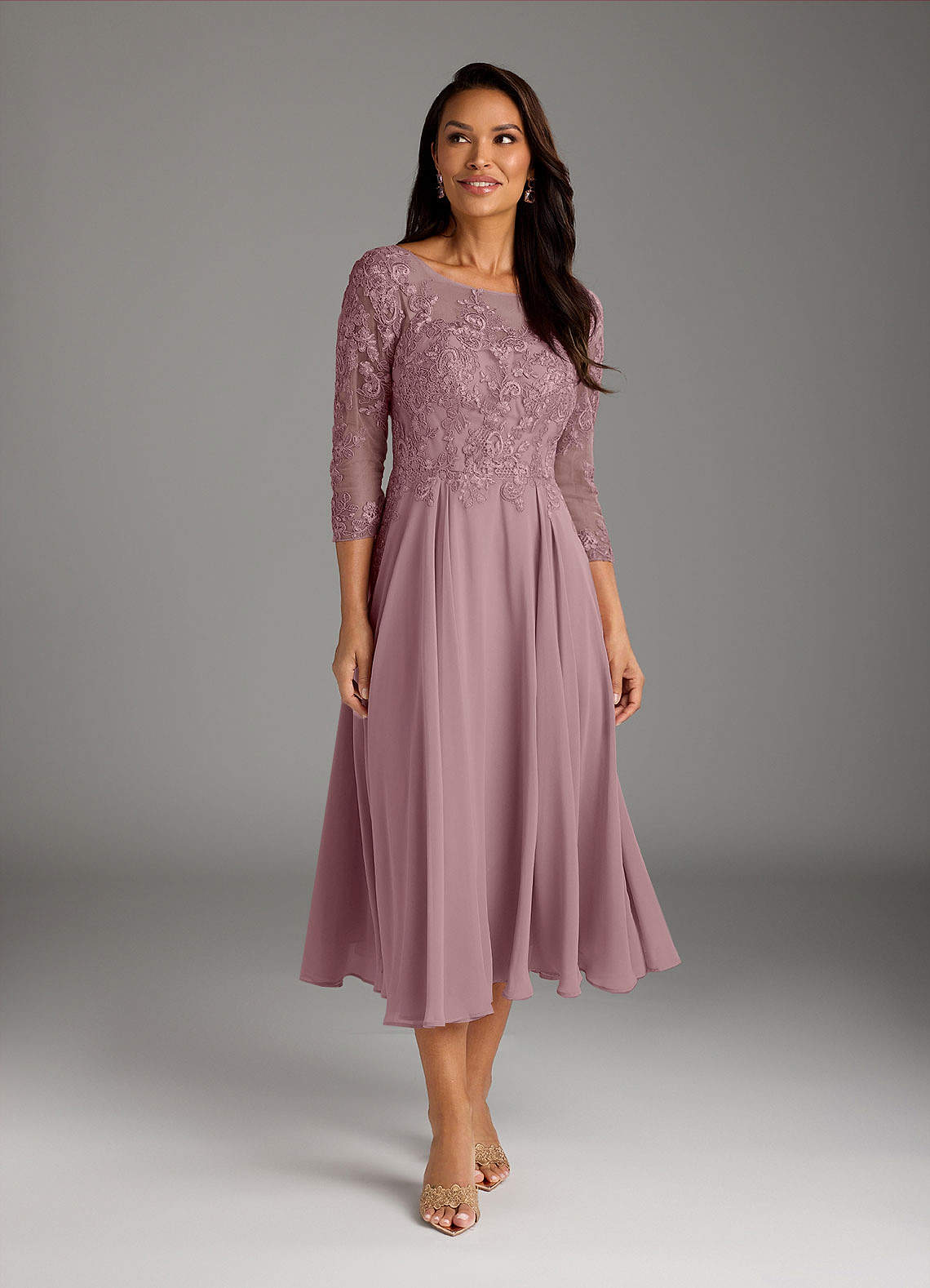 Azazie Marge Mother of the Bride Dresses Dusty Rose A-Line Scoop Lace Chiffon Dress image1