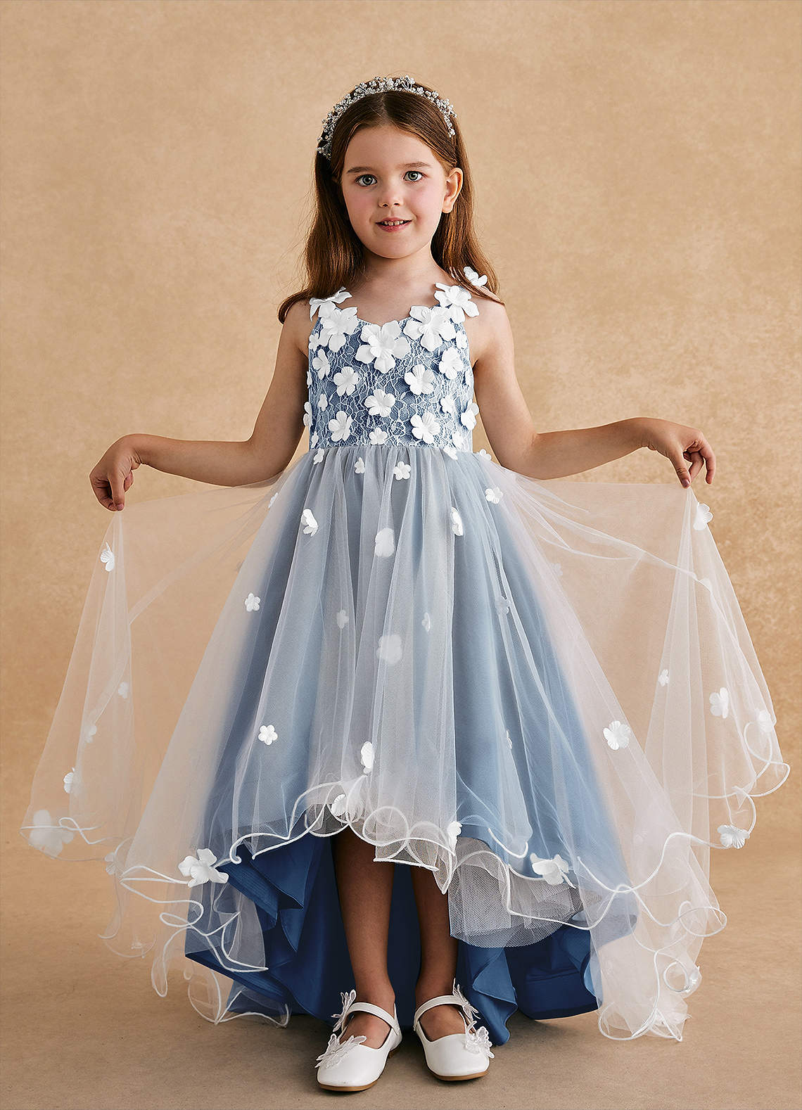 Azazie Celia Flower Girl Dresses Steel Blue A-Line Lace Tulle Dress image2