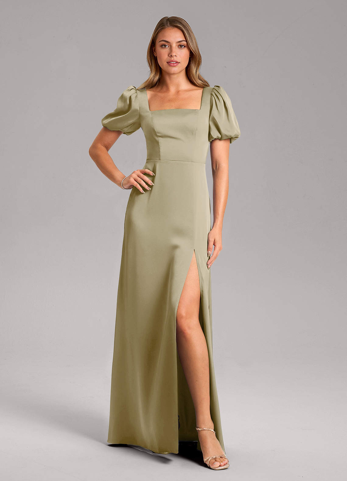 Azazie Fyona Vestidos de damas de honor Vestido de Musgo Verde de Satén Elástico de Corte en A con Plisado image1