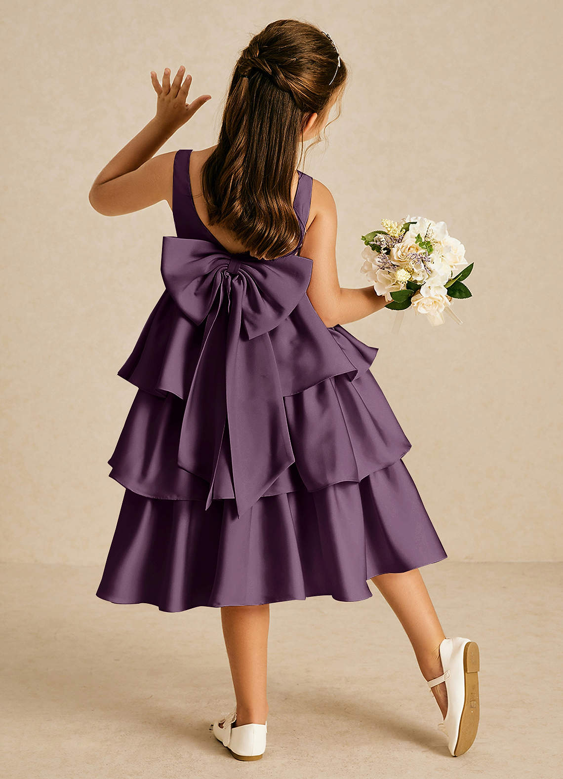 Azazie Margery Flower Girl Dresses Plum A-Line Bow Stretch Satin Dress image1