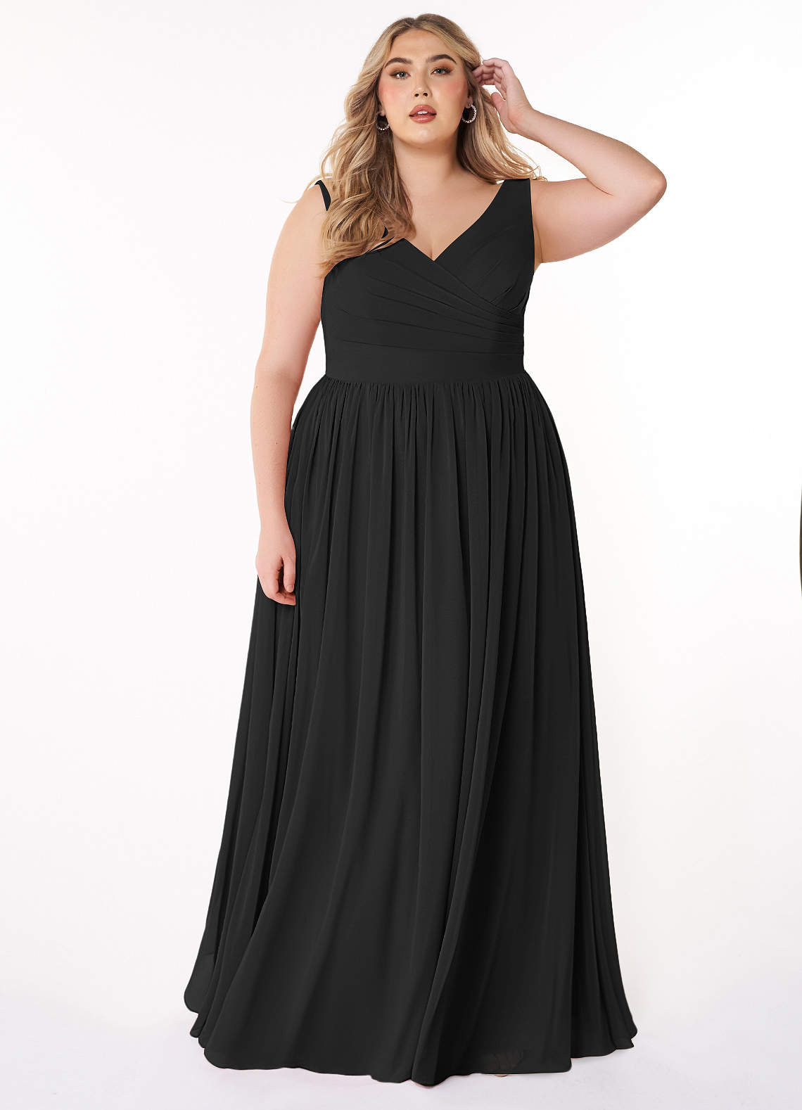 Azazie Keyla Bridesmaid Dresses Black A-Line V-Neck Pleated Chiffon Dress image1