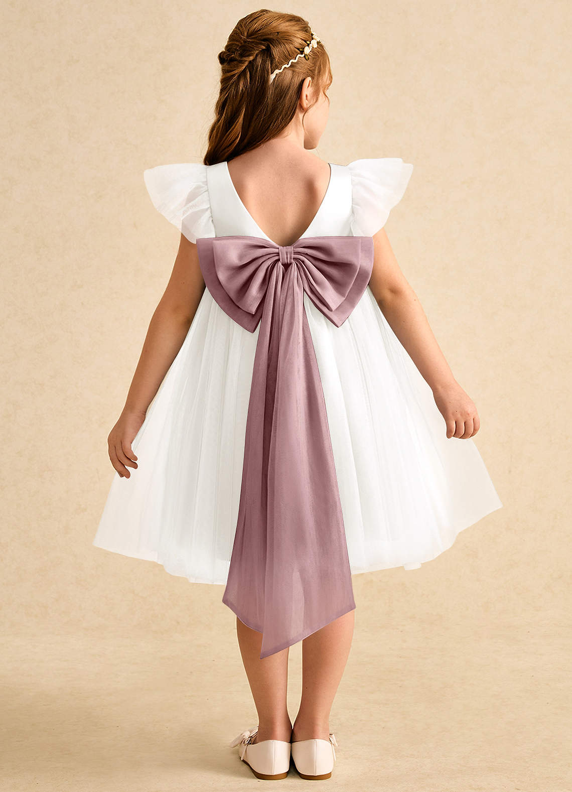 Azazie Munchkin Abiti da Ragazza di Fiori Abito A-Line in Tulle Fiocco Avorio Rosa Antico image1