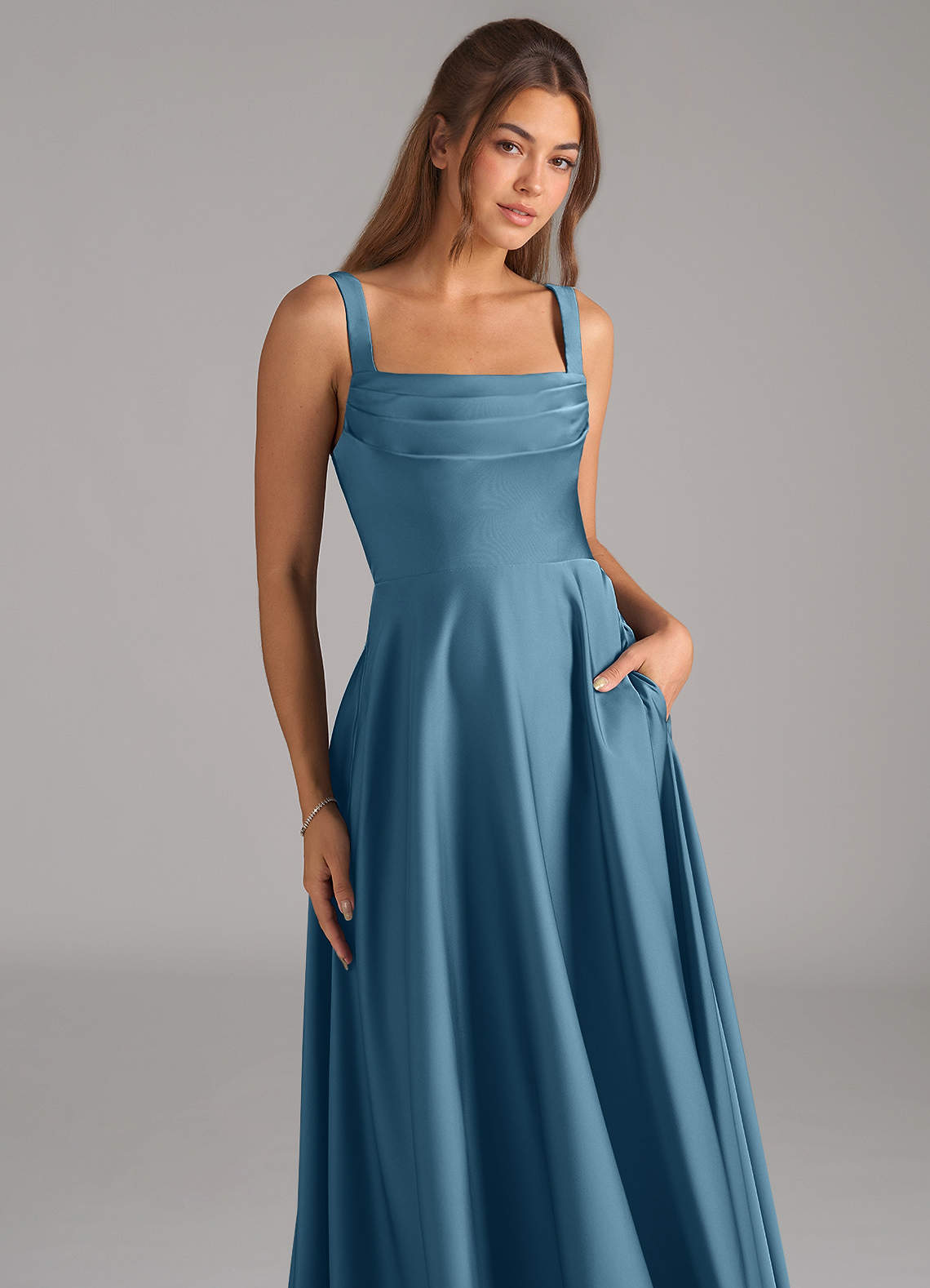 Azazie Shaude Bridesmaid Dresses Bermuda A-Line Pleated Stretch Satin Dress image1