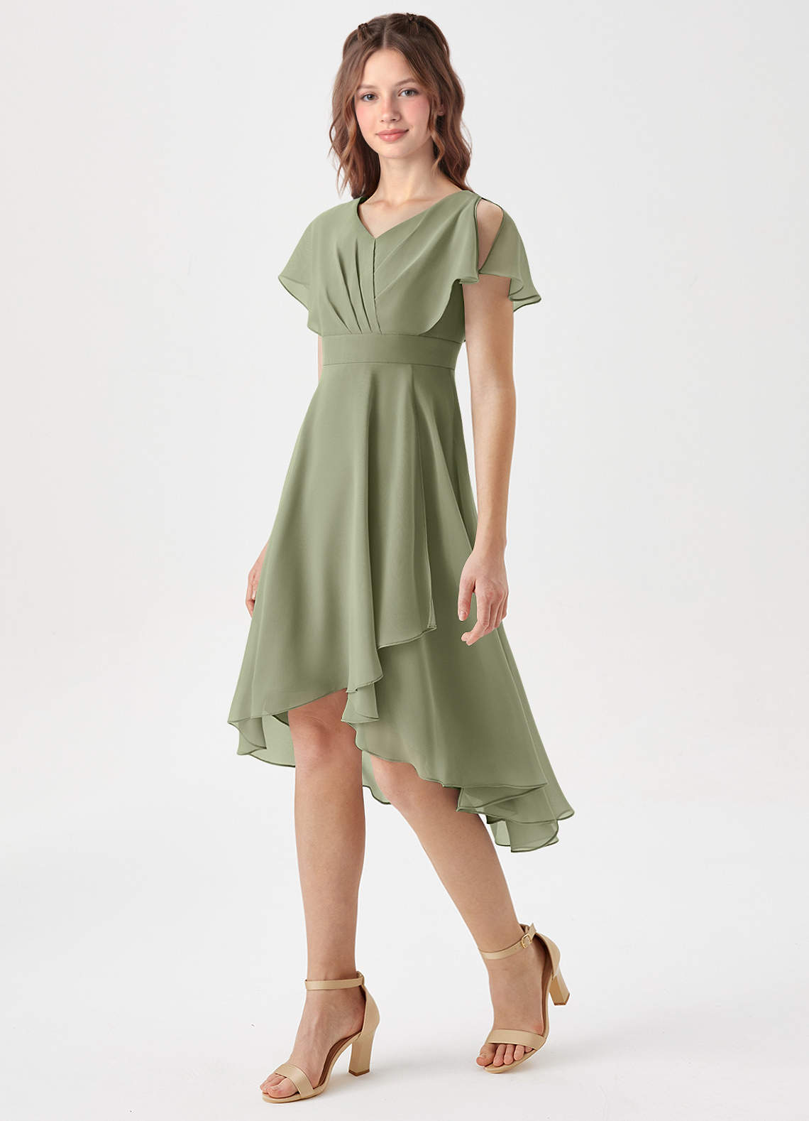 Azazie Graciela Junior Pistachio A-Line Pleated Chiffon Dress image1