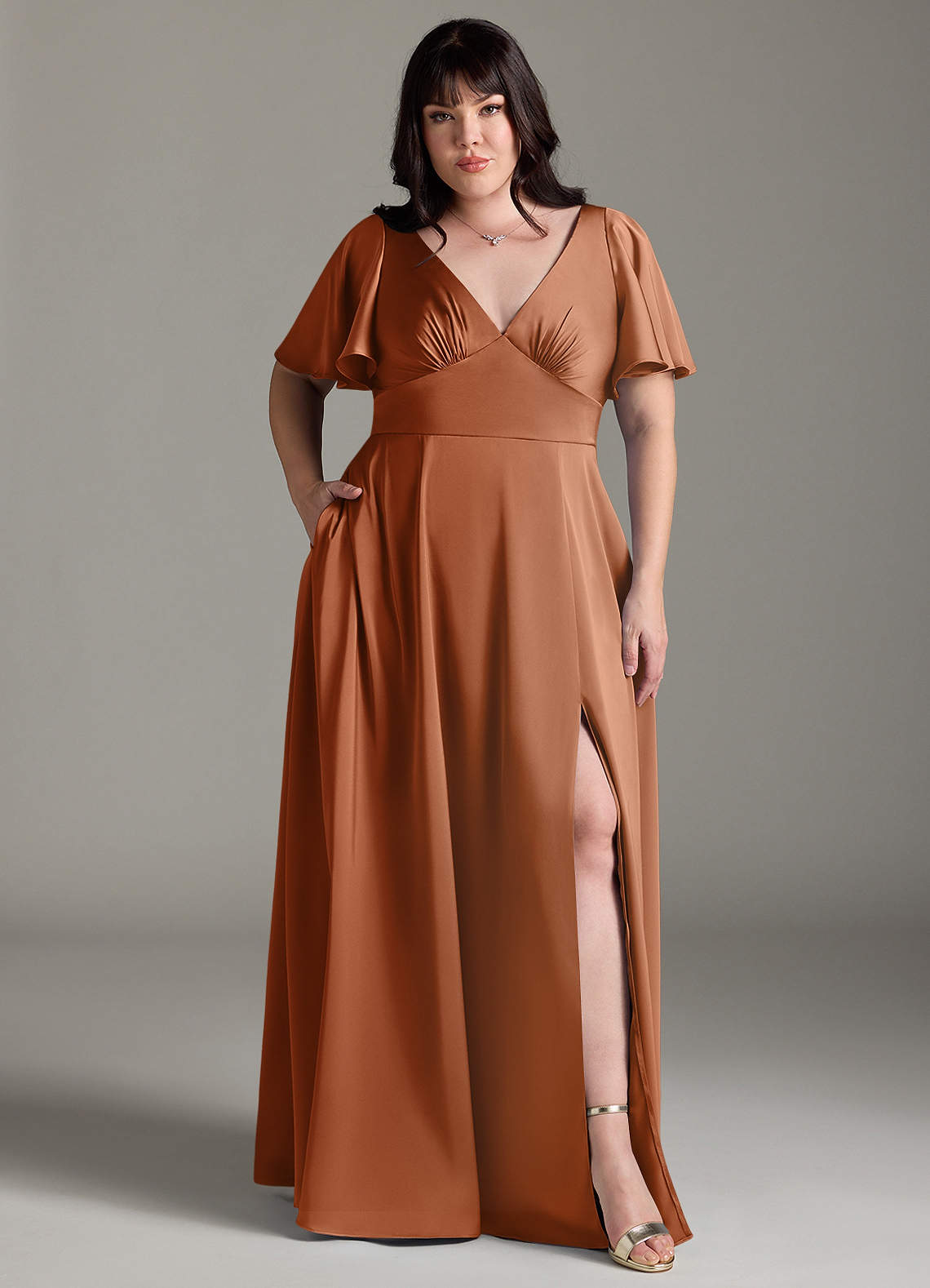 Azazie Kimber Bridesmaid Dresses Copper A-Line Ruched Stretch Satin Dress image1