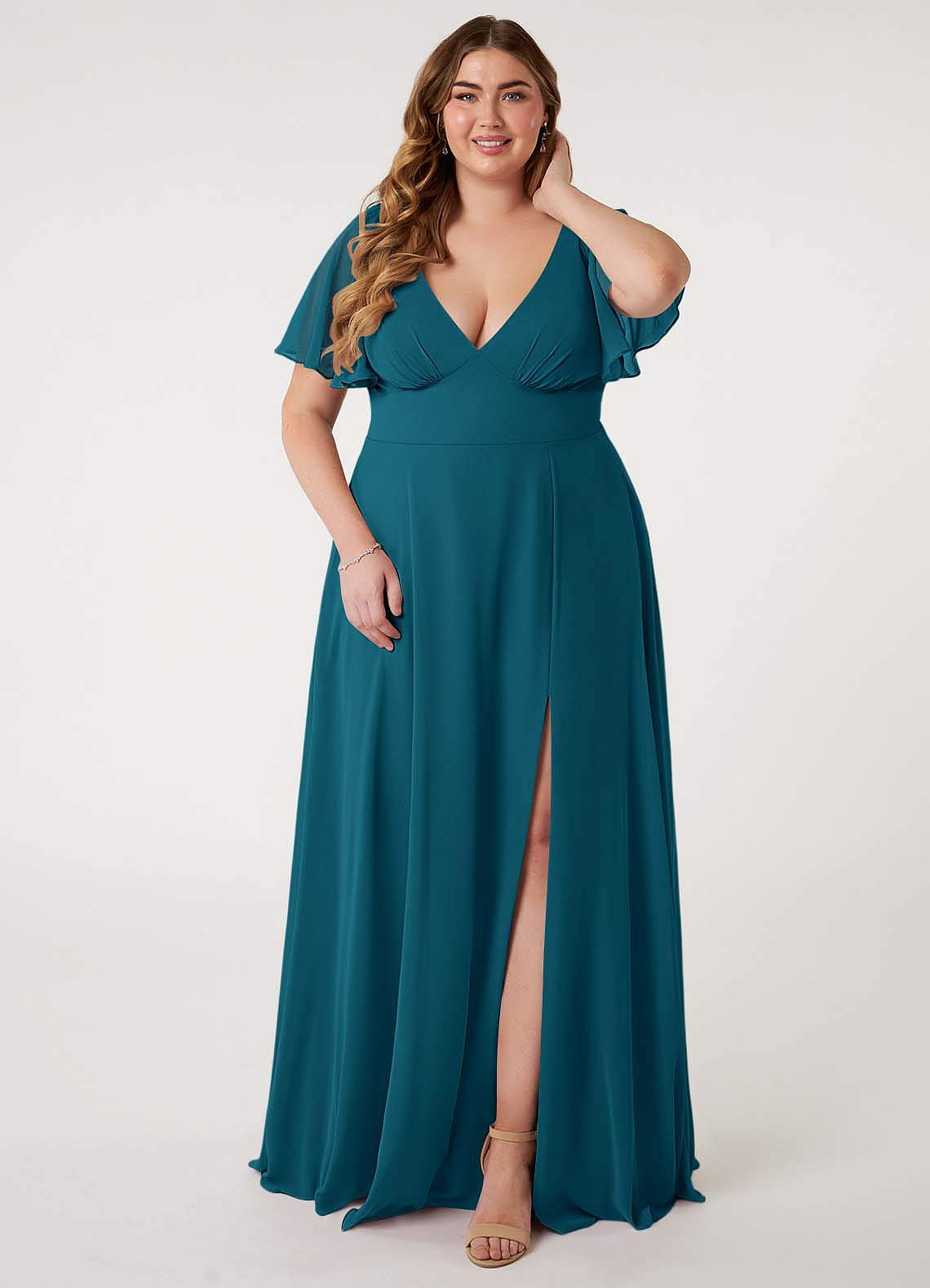 Azazie Kimber Bridesmaid Dresses Ink Blue A-Line Flounce Sleeve Chiffon Dress image1