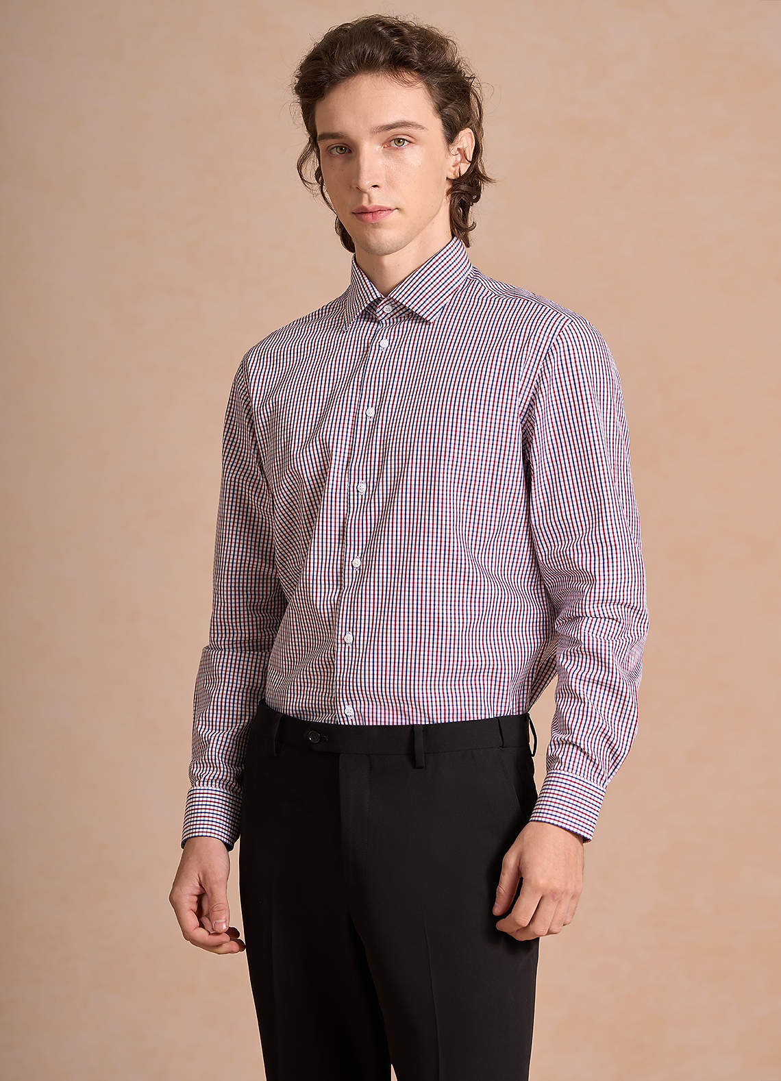 front Aiden Blue Red Contrast 100% Cotton Non-Iron Striped Dress Shirt