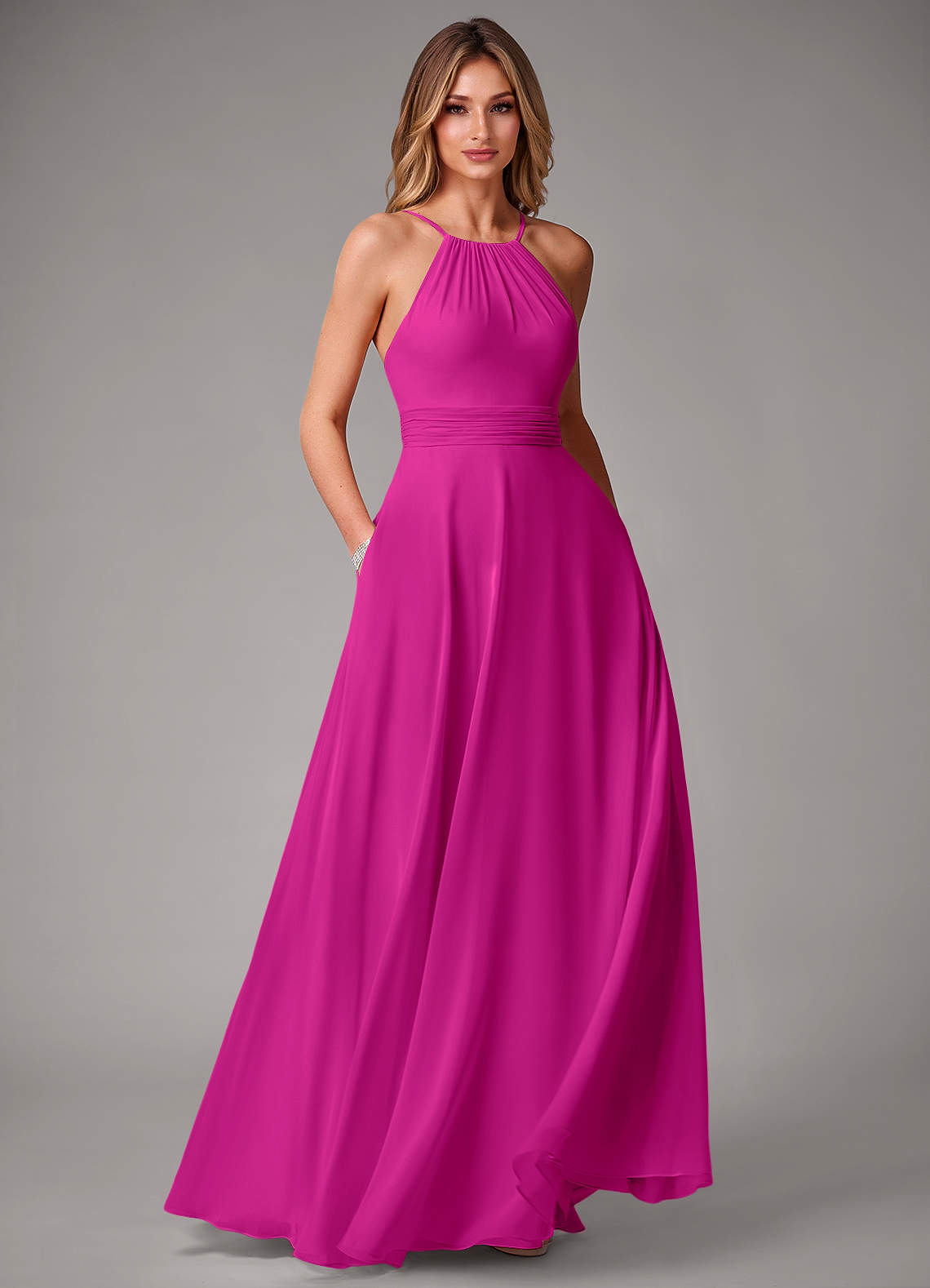 Azazie Amalia Vestidos de damas de honor Vestido de Fucsia de Gasa de Corte en A con Plisado image1