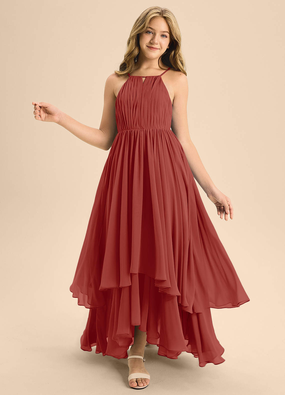Azazie Elliora Junior A-Linie Plissee Chiffon Kleid Terrakotta image1