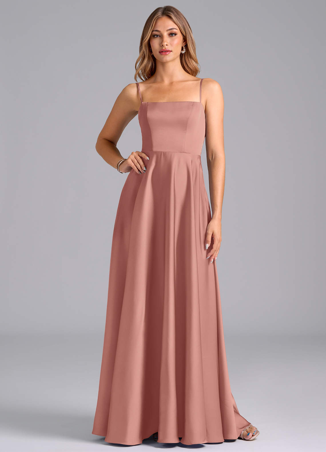 Azazie Elita Brautjungfernkleider A-Linie Plissee Stretch-Satin Kleid Rosettenrosa image1