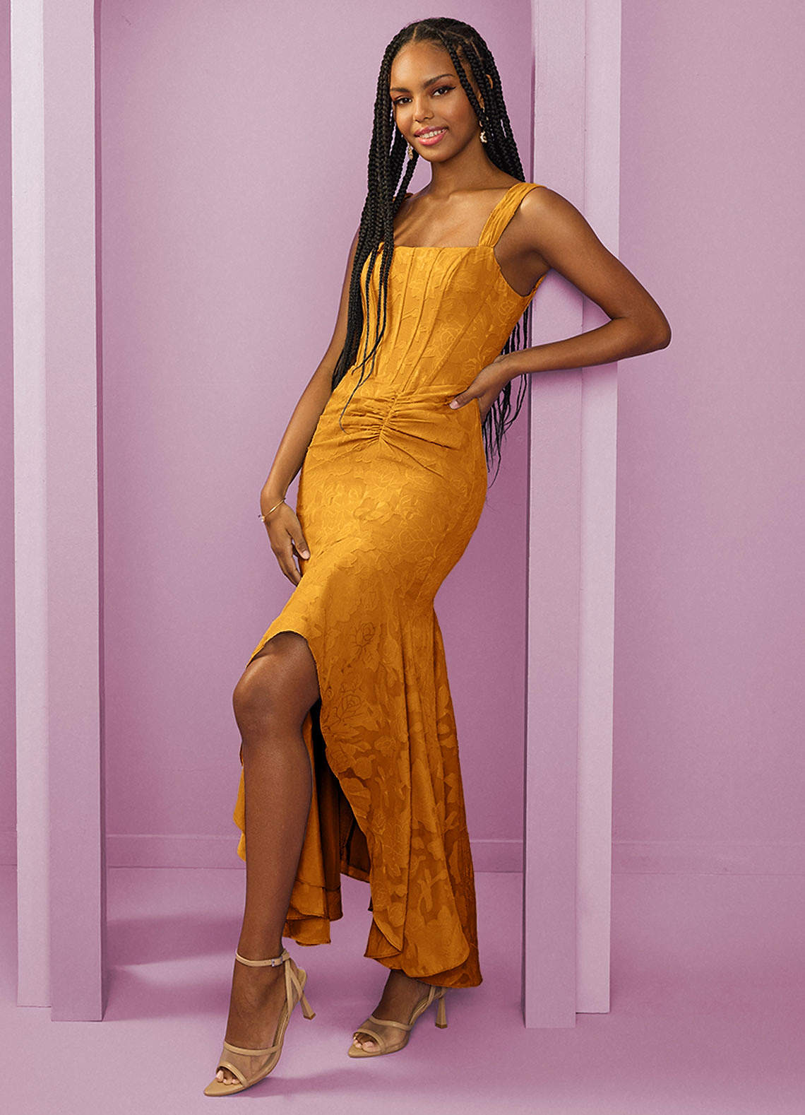 Barbie ♥ Azazie Bridesmaid Dresses Butterscotch Sheath Side Slit Floral Burnout Dress image1