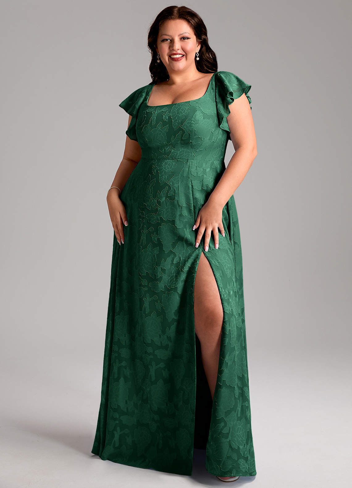 Azazie Bondi Brautjungfernkleider A-Linie Seitliche Cut-Outs Blumen-Burnout Kleid Dunkelgrün image1