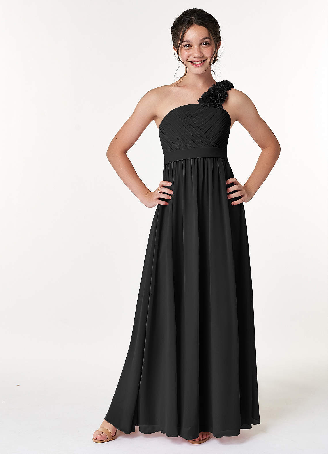 Azazie Flower Junior Black A-Line Pleated Chiffon Dress image1