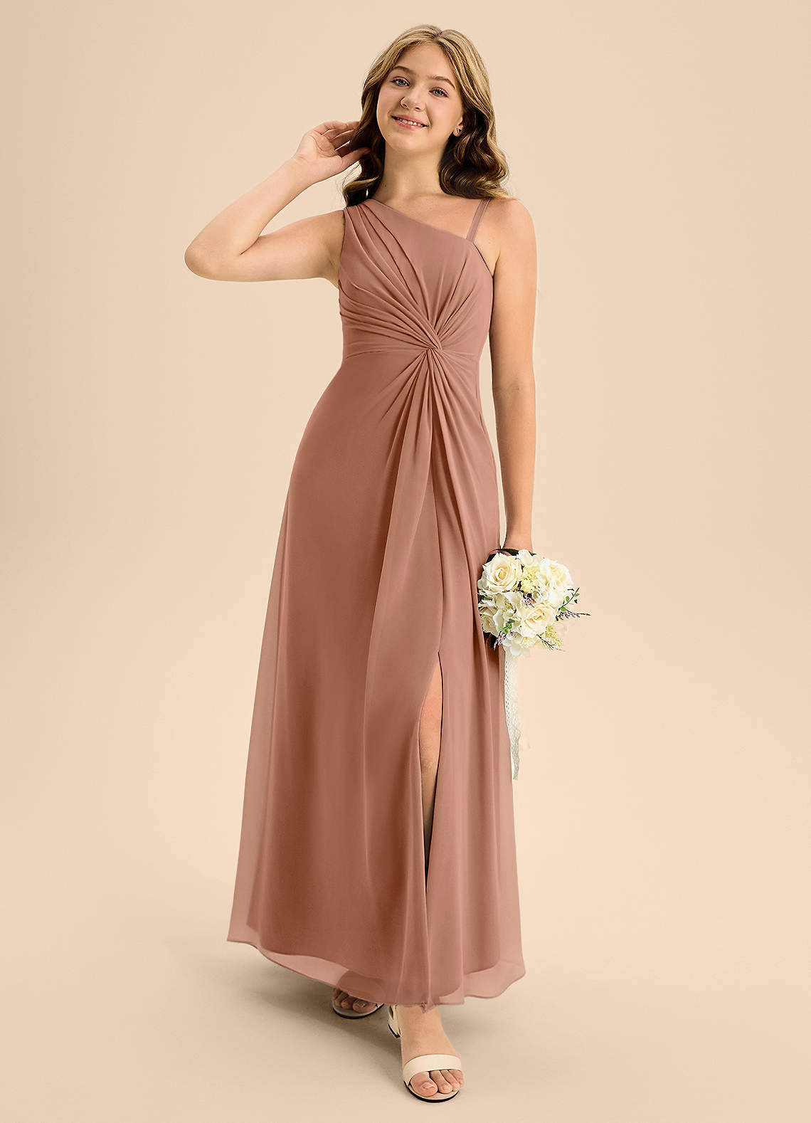 Azazie Brooke Junior Bronzer A-Line Side Slit Chiffon Dress image1