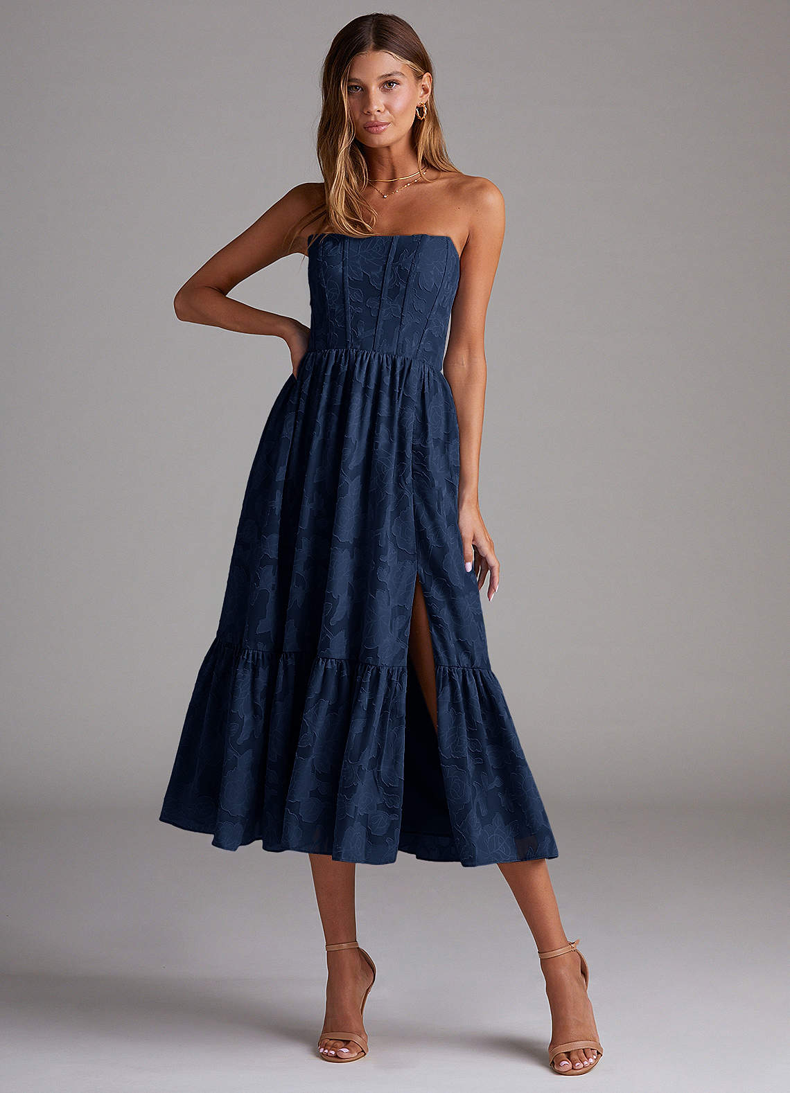 Azazie Delphina Bridesmaid Dresses Dark Navy A-Line Strapless Floral Burnout Dress image1