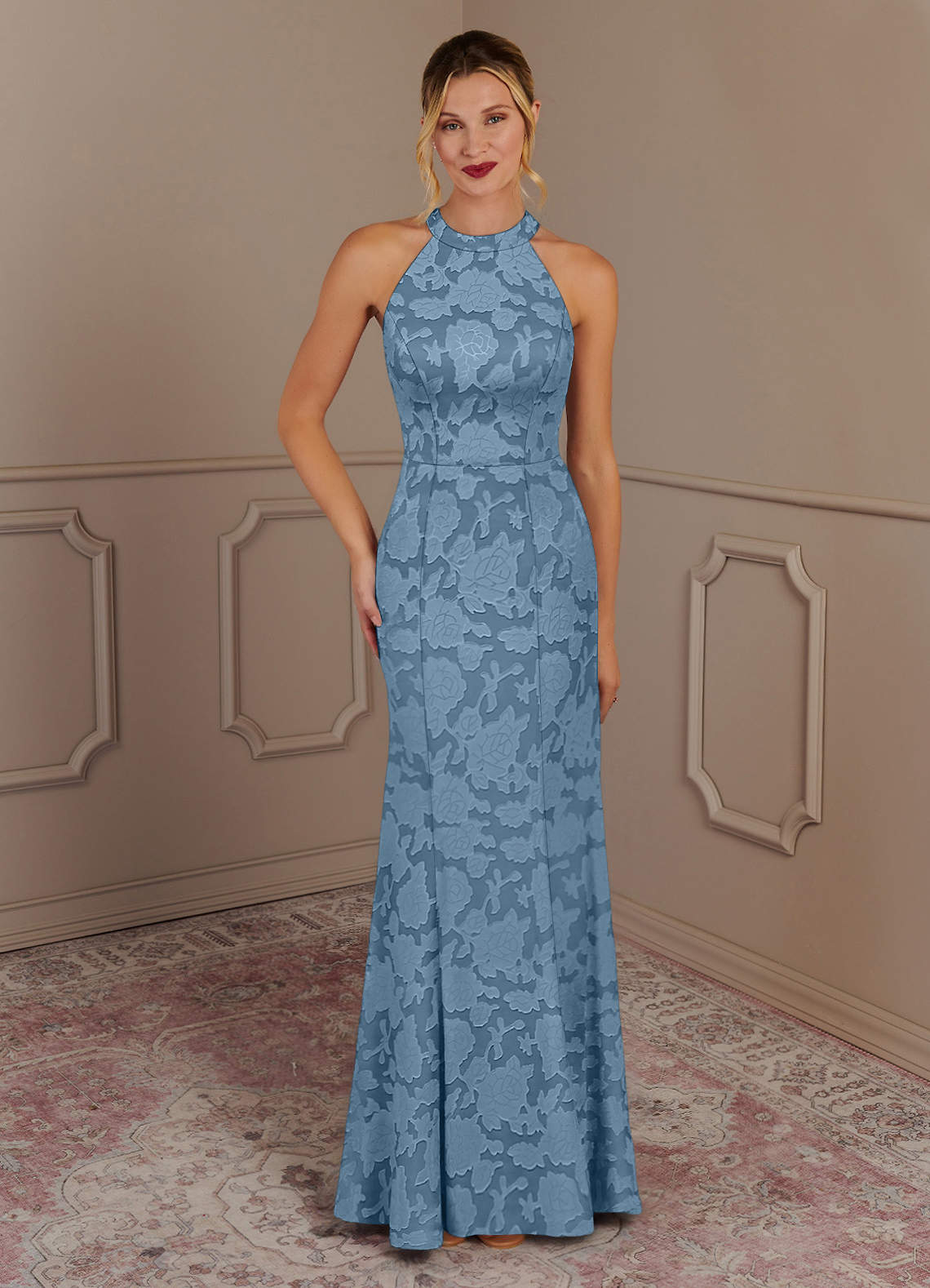 Azazie Tyra Abiti per la Madre della Sposa Abito Sirena in Burnout Floreale Blu Acciaio image1