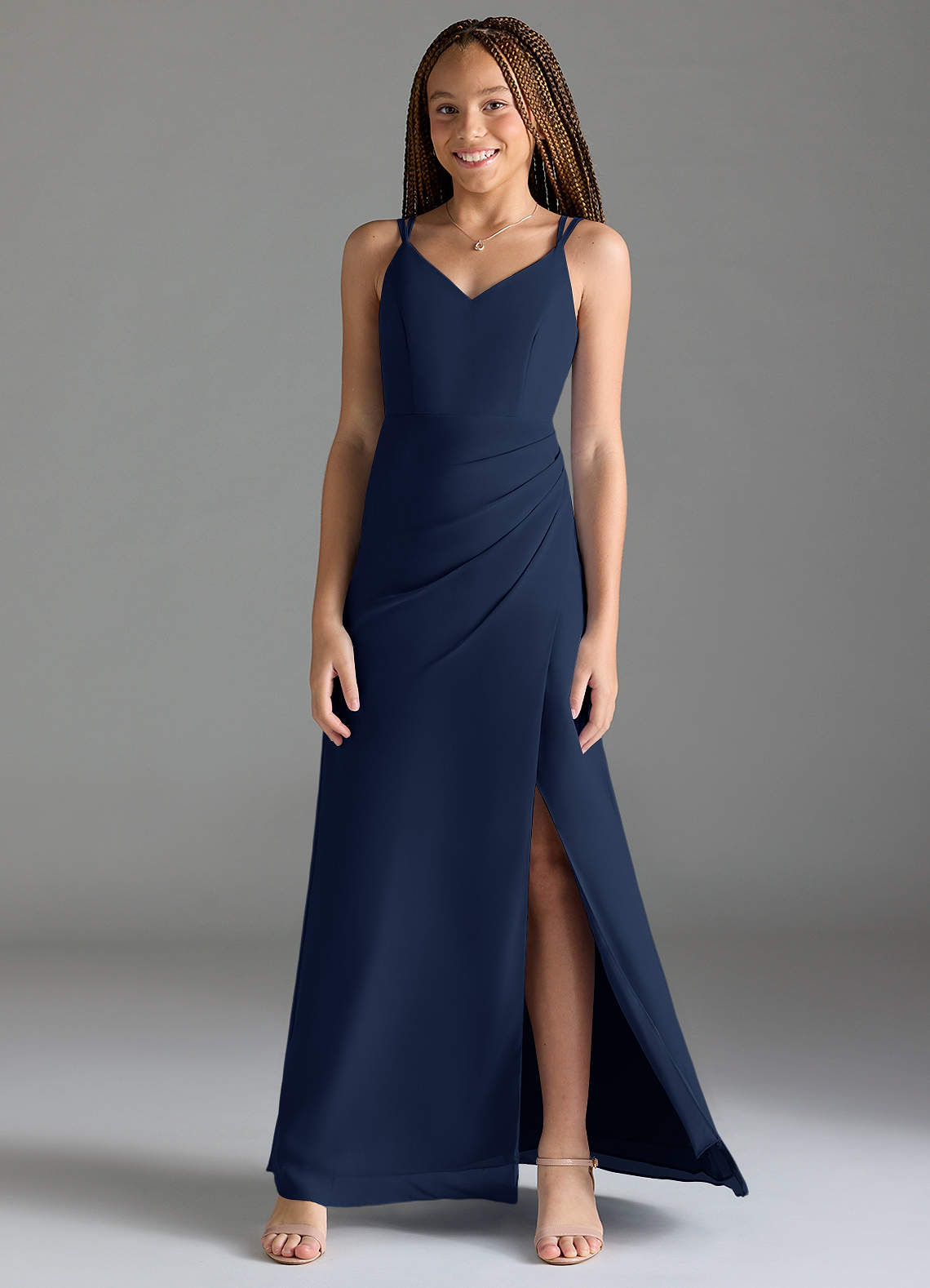 Azazie Leo Junior Meerjungfrau-Linie Plissee Chiffon Kleid Dunkelmarine image1