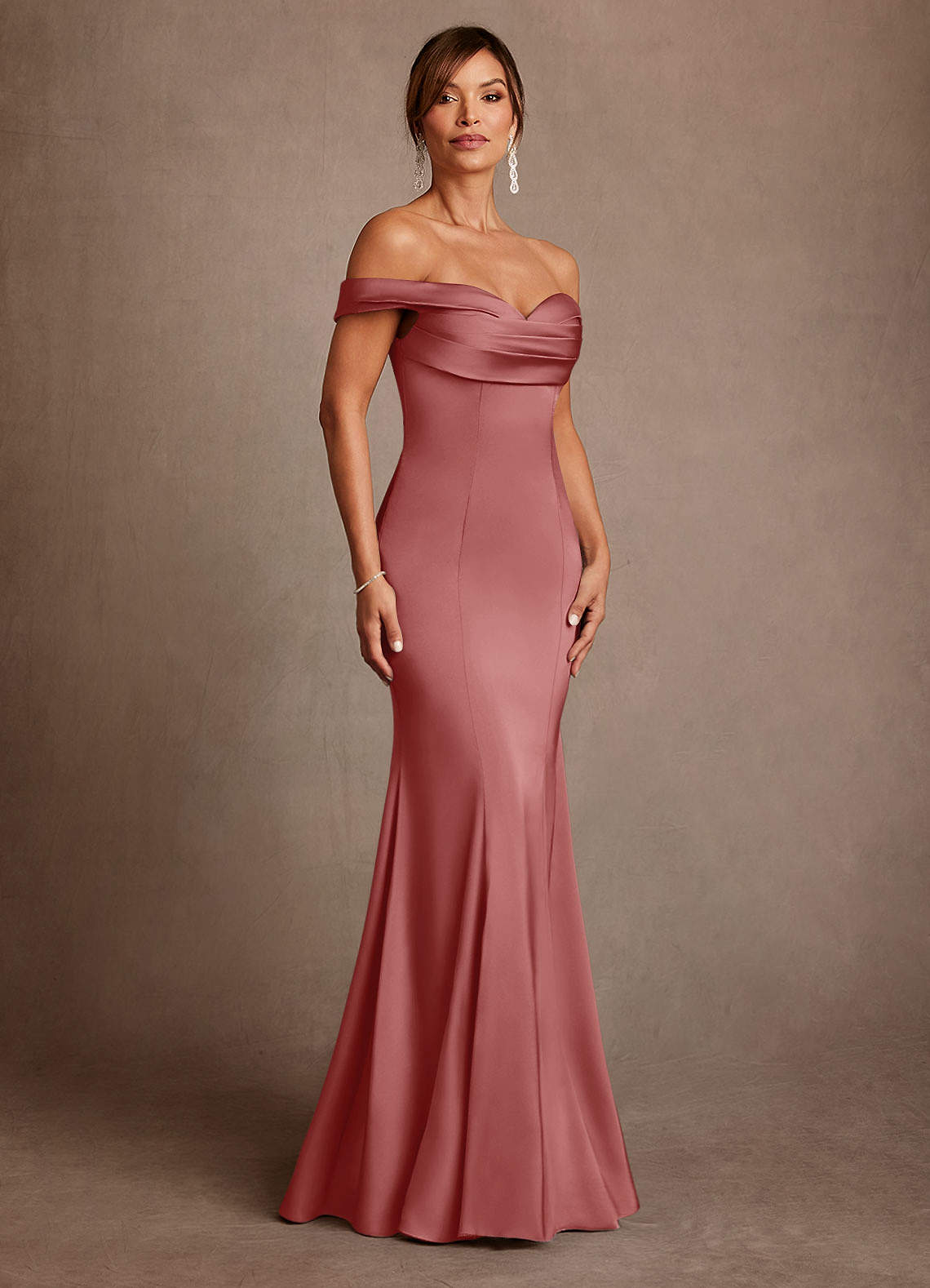 Azazie Boone Antique Rose Mermaid Off the Shoulder Stretch Satin