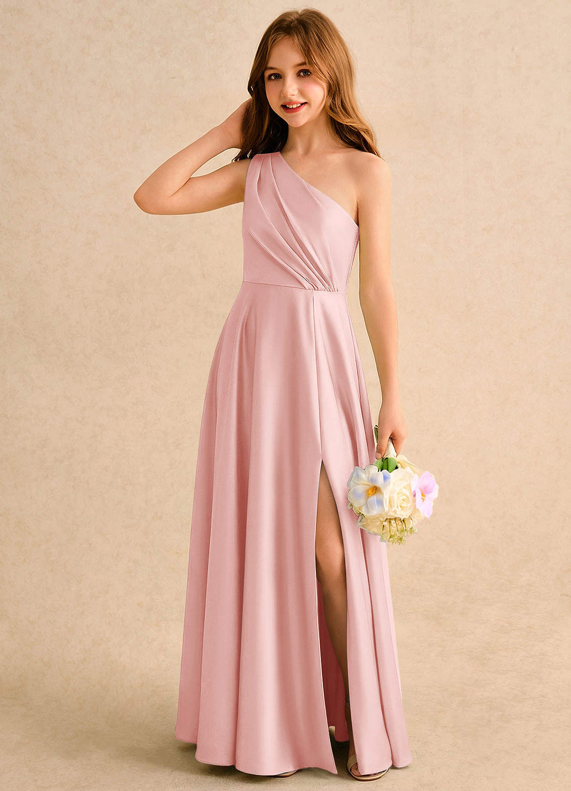 Azazie Puddles Girls Formal Flower Girl Klänningar Klänning A-Line i Stretch Satin One-shoulder image2