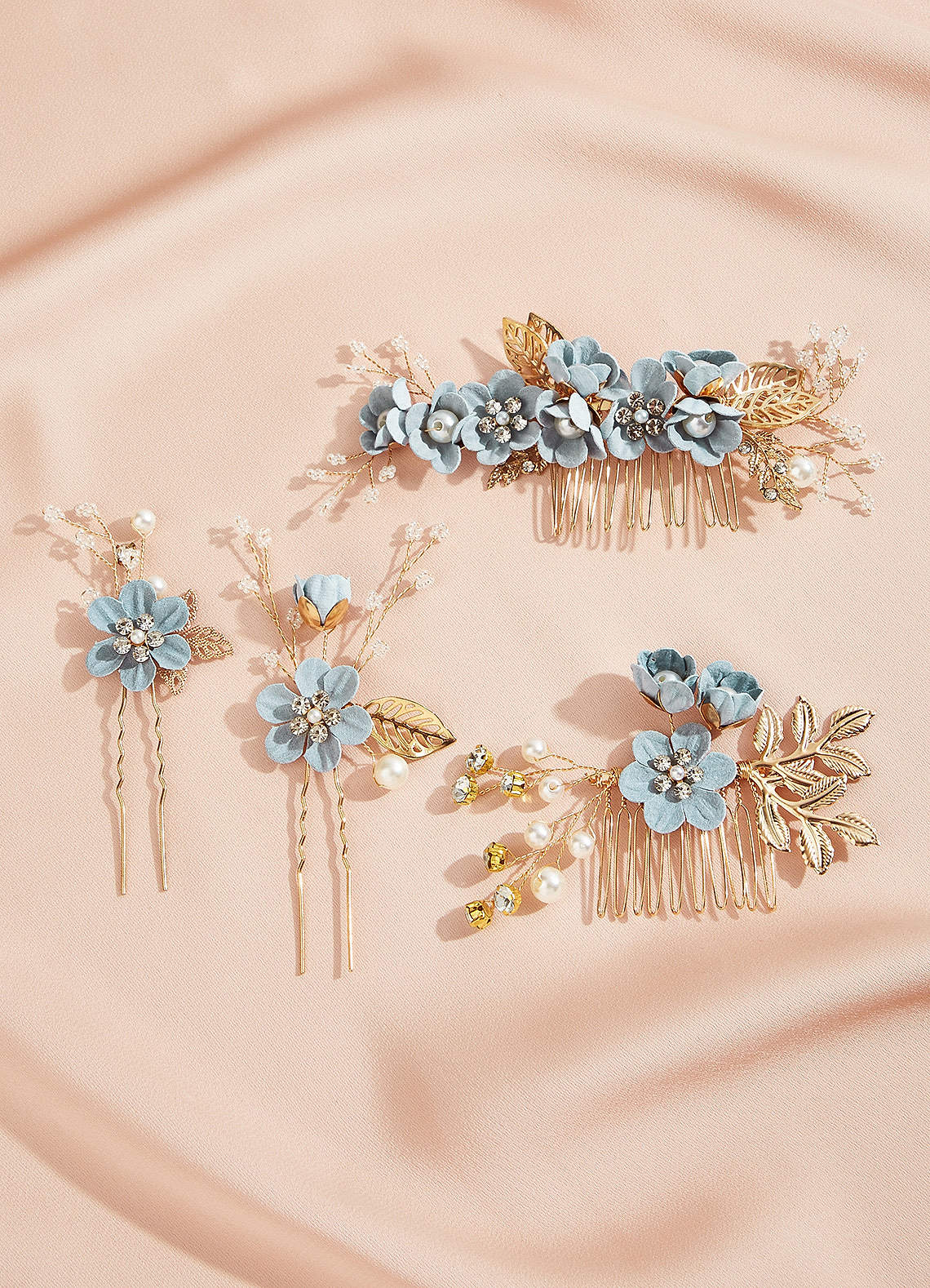 front Blue Floral Hair Comb Set