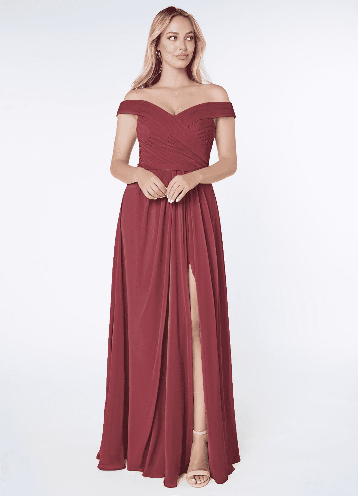 Azazie Audrianna At-home Try On Dresses Burgundy A-Line Off-The-Shoulder Gathered Chiffon Convertible Dress image1