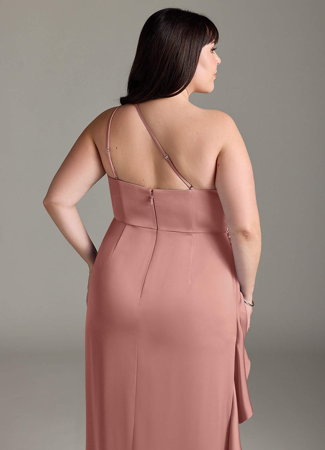 Azazie Latrice Bridesmaid Dresses Rosette Sheath One Shoulder Cascading Ruffles Stretch Satin Dress image13