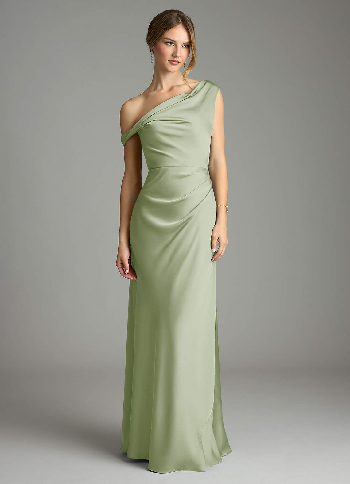 Azazie Emerson Bridesmaid Dresses Dusty Sage Mermaid Off the Shoulder Stretch Satin Dress image2