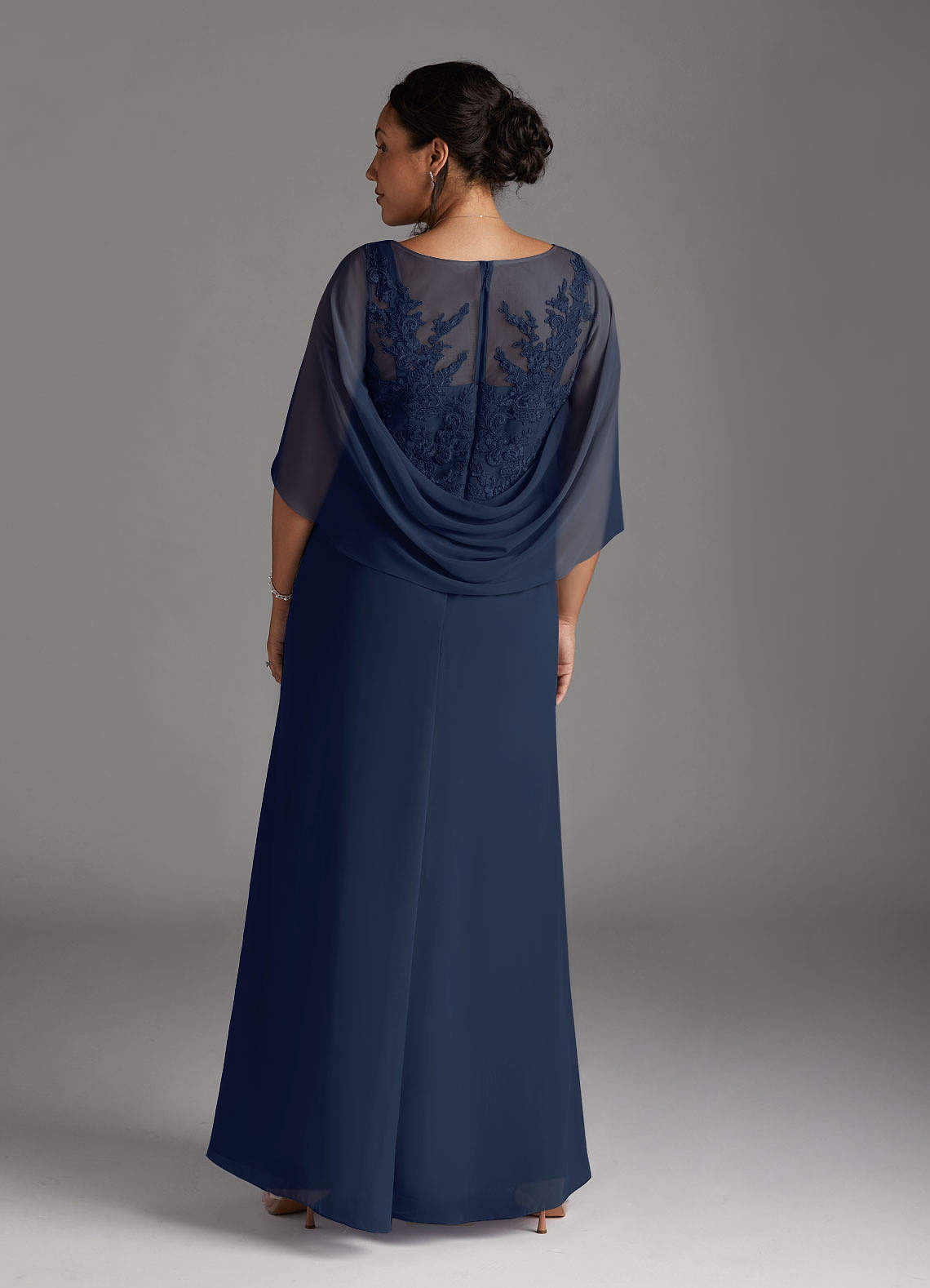 Azazie Hera Mother of the Bride Dresses Dark Navy A-Line Lace Capelet Chiffon Dress image6