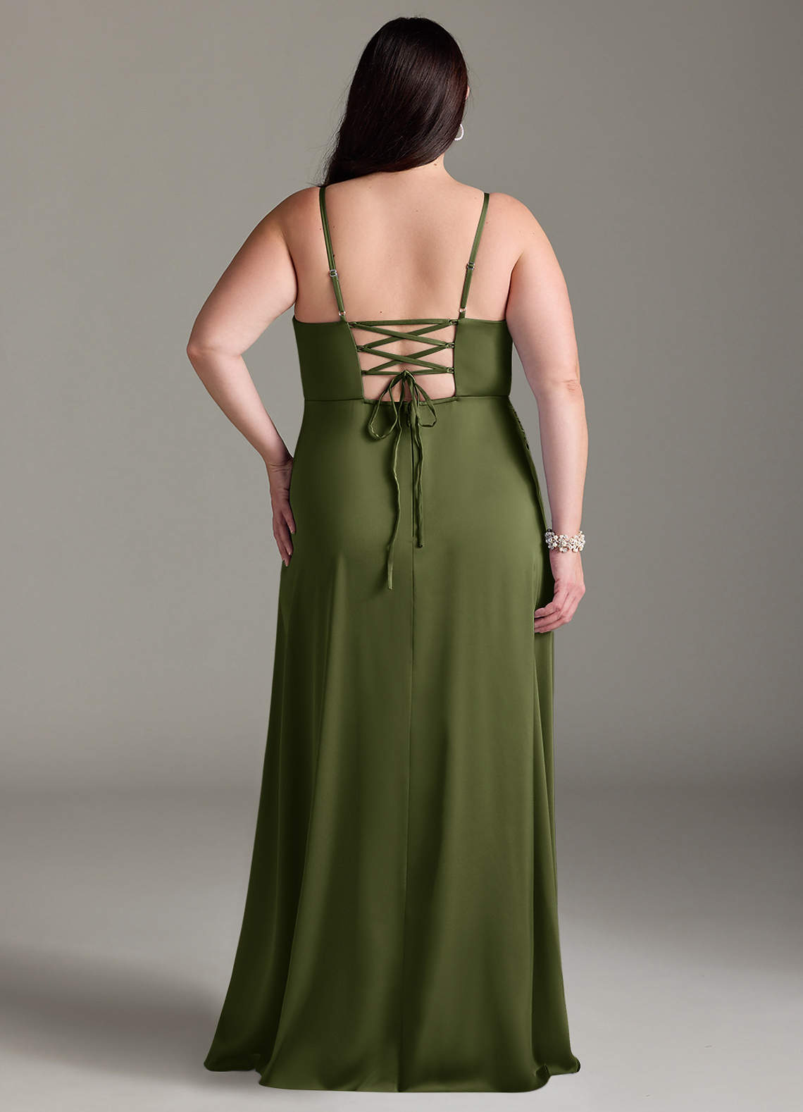 Azazie Marchella Robes de demoiselle d'honneur Robe Trapèze en Satin extensible Corset Olive image7