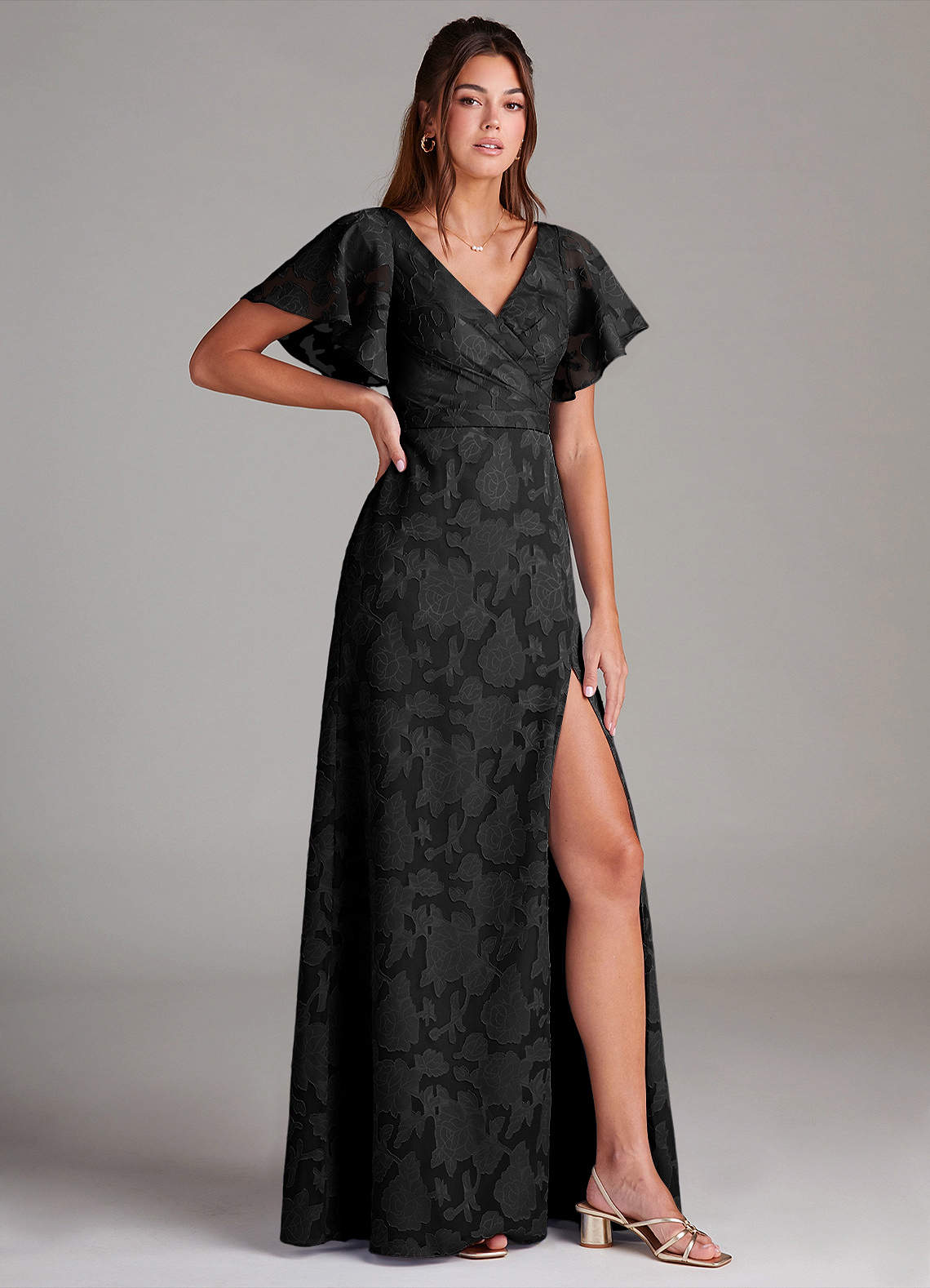 Azazie Ambrosia Bridesmaid Dresses Black A-Line Pleated Floral Burnout Dress image2