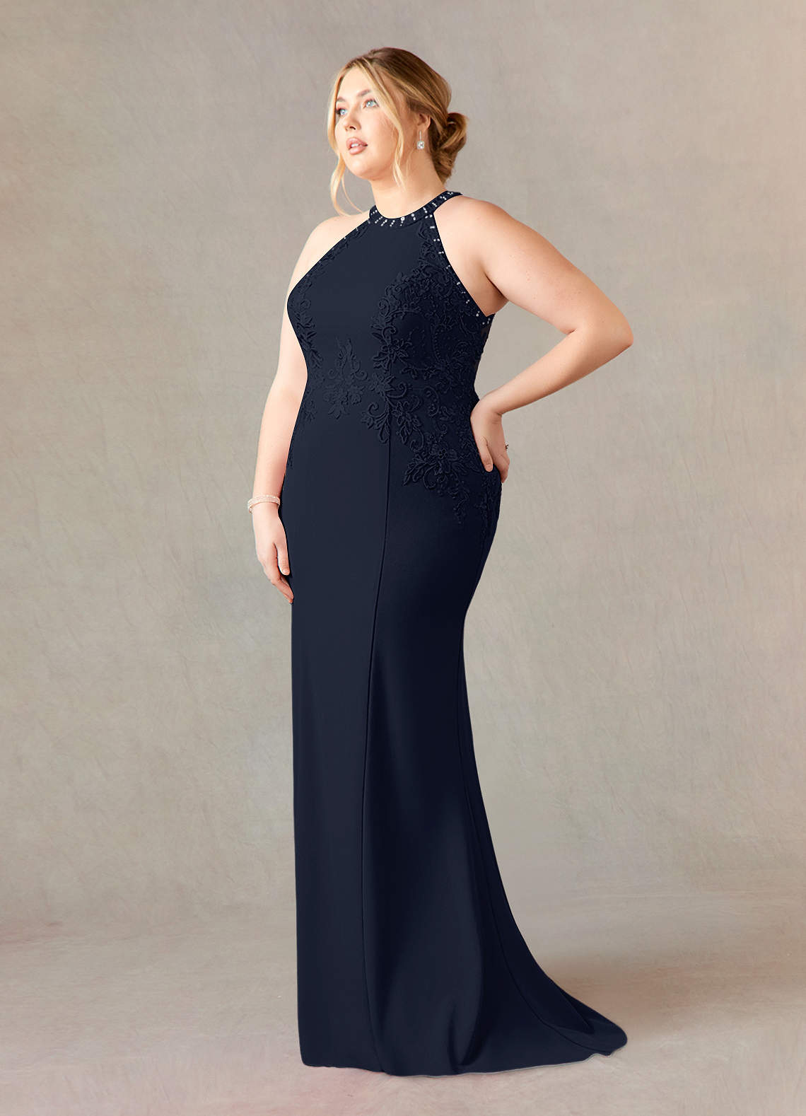 Azazie Plus Size Mermaid Halter Sweep train Stretch Crepe Mother of Groom Bride Dresses Dark Navy